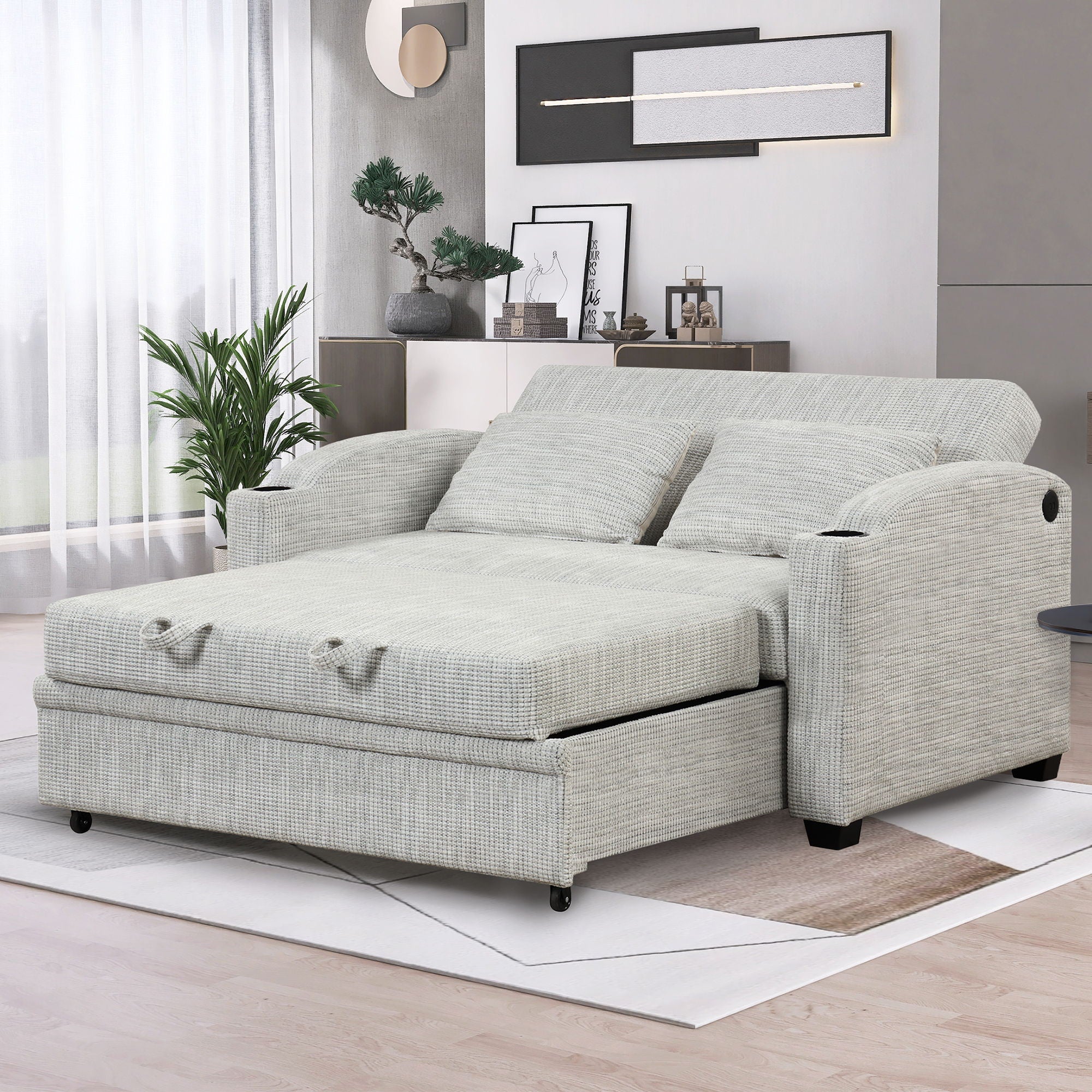 Pull Out Loveseat Sofa With Adjsutable Backrest, 2 Pillows, Cup Holders, USB Ports For Living Room