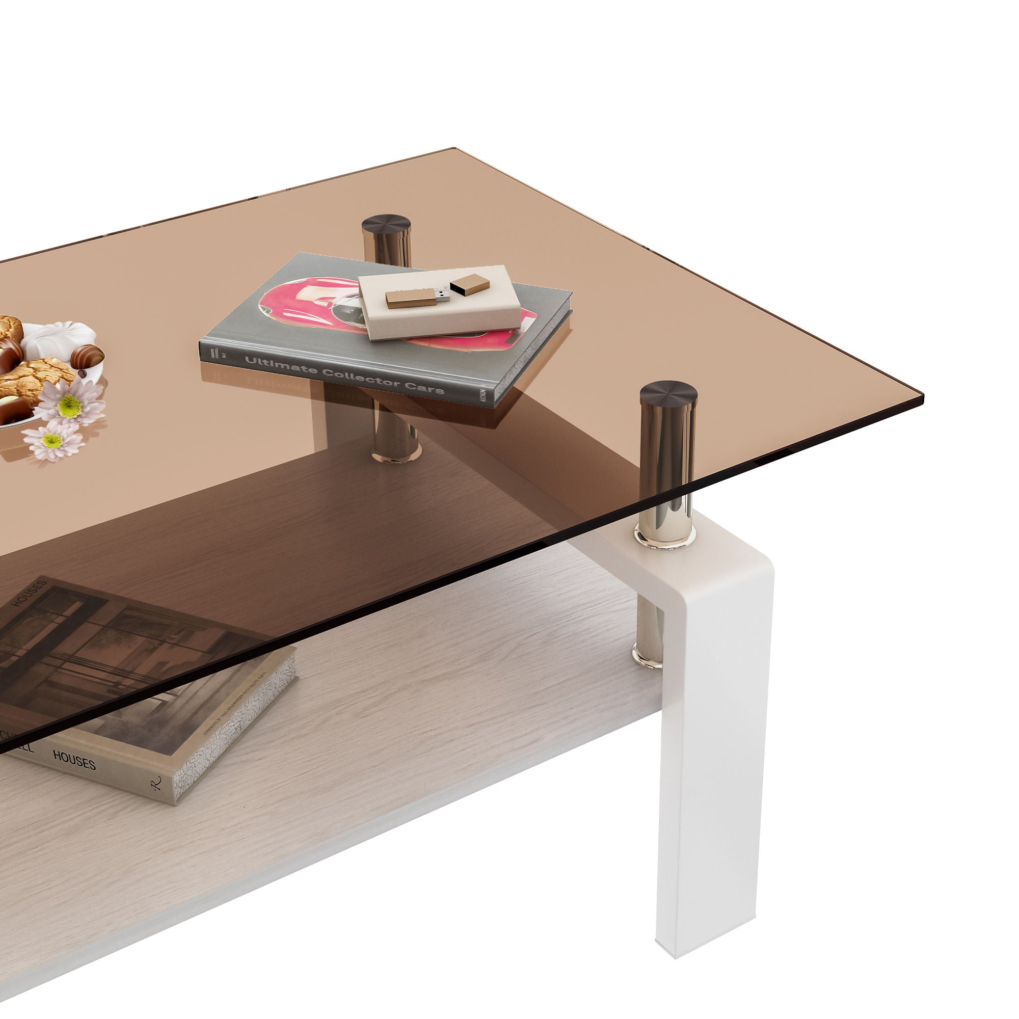 Modern Rectangular Coffee Table With Tempered Transparent Glass Top And Storage Shelf