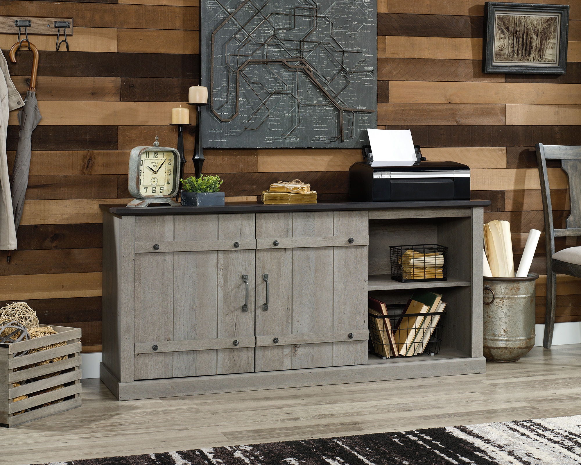 Mystic Oak TV Credenza with Black Accent Top