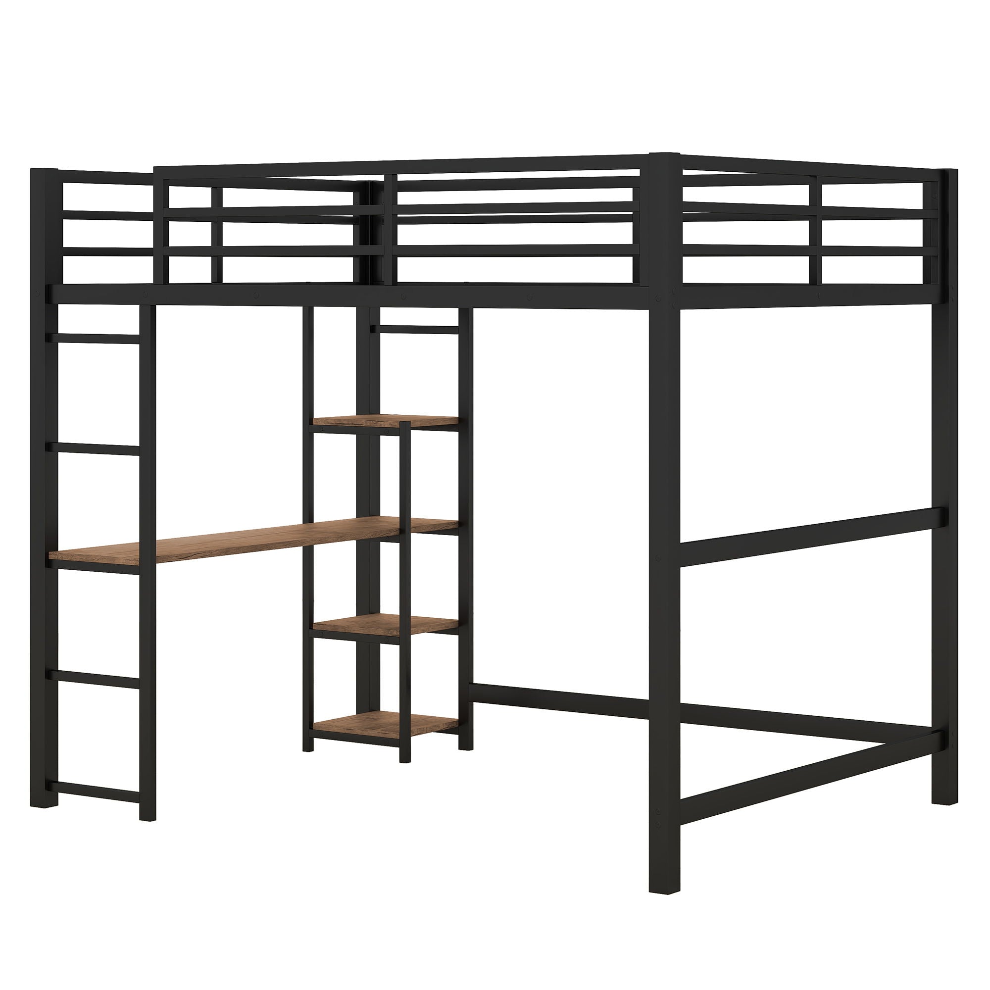 Loft Bed With Built In Desk And Storage Shelves, Full Size - Black