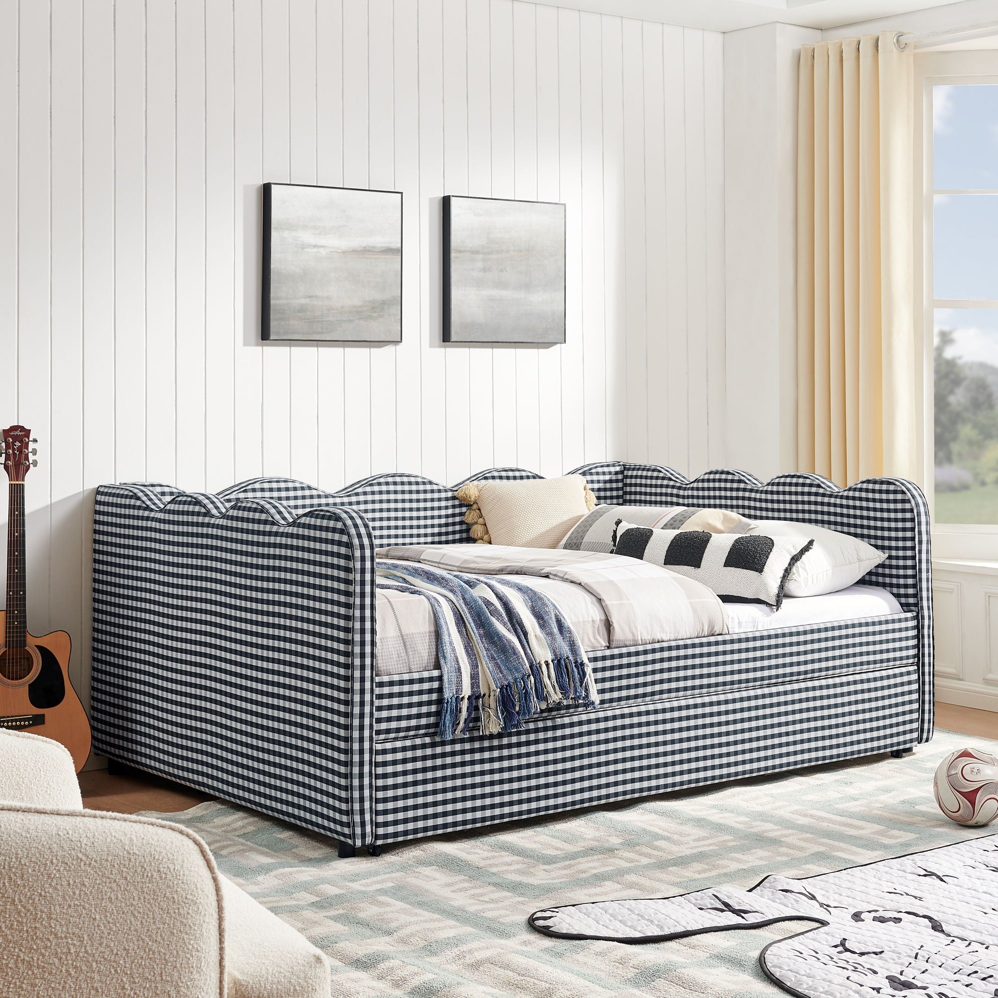 Gingham Daybed With USB Charging Port, Wave-Shaped Design