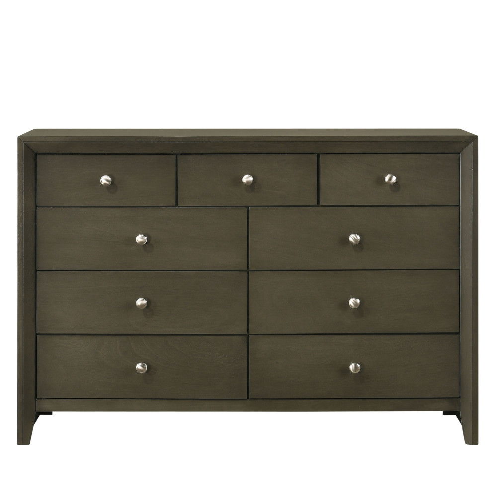 This Ilana contemporary 9 drawers dresser is brown cherry finish with English dovetail with center metal glides. The clean finish top is easy to wipe. The knob hardware accentuates nine drawers that offer much convenience for use.