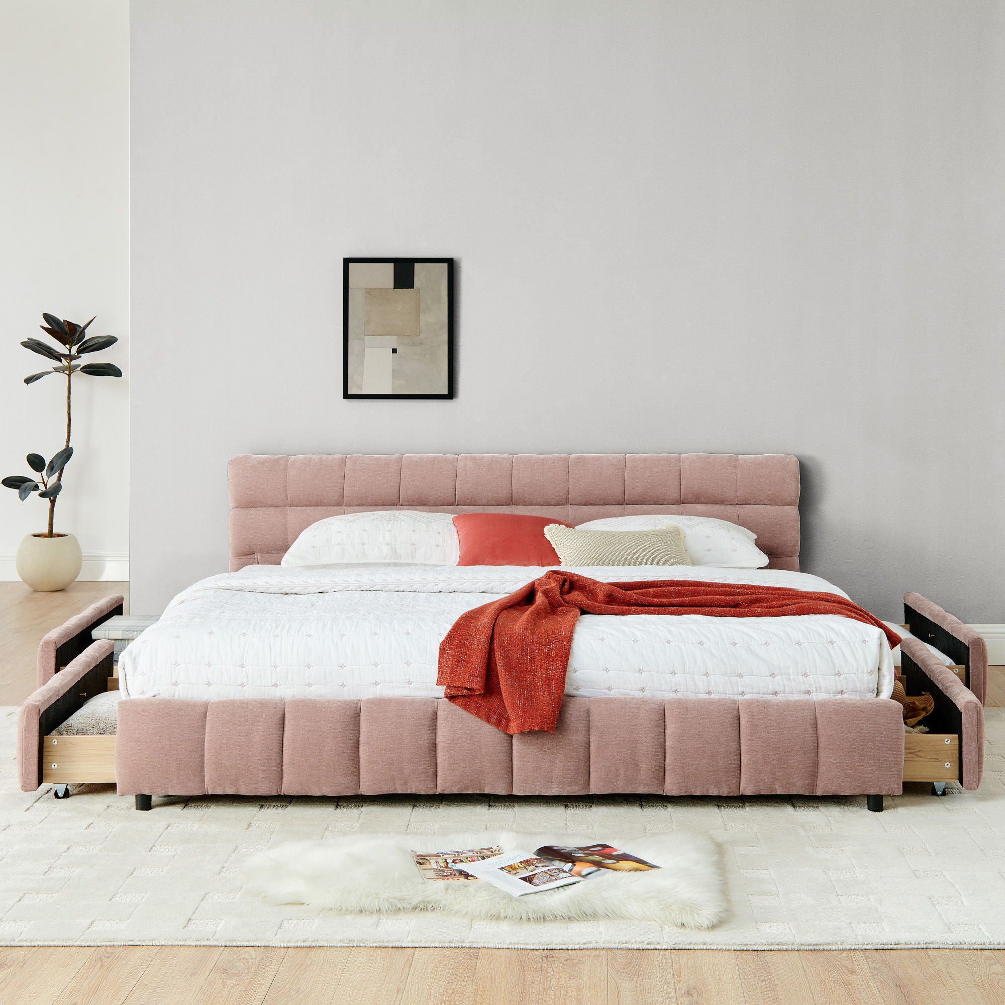 Modern Platform Bed Frame With Thick Chenille Fabric