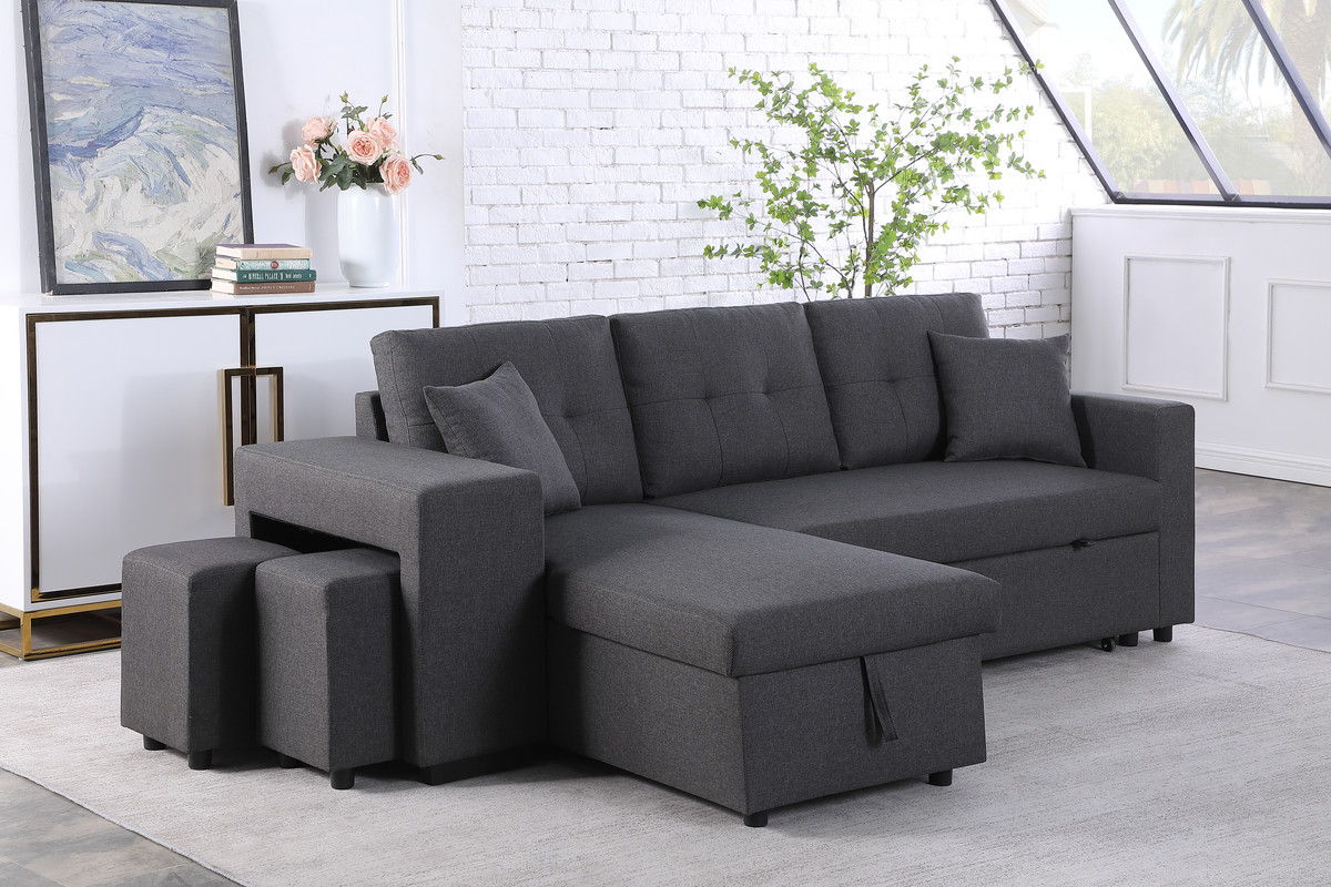 Dennis 93"W Dark Gray Linen Fabric Reversible Sleeper Sectional with Storage Chaise and 2 Stools