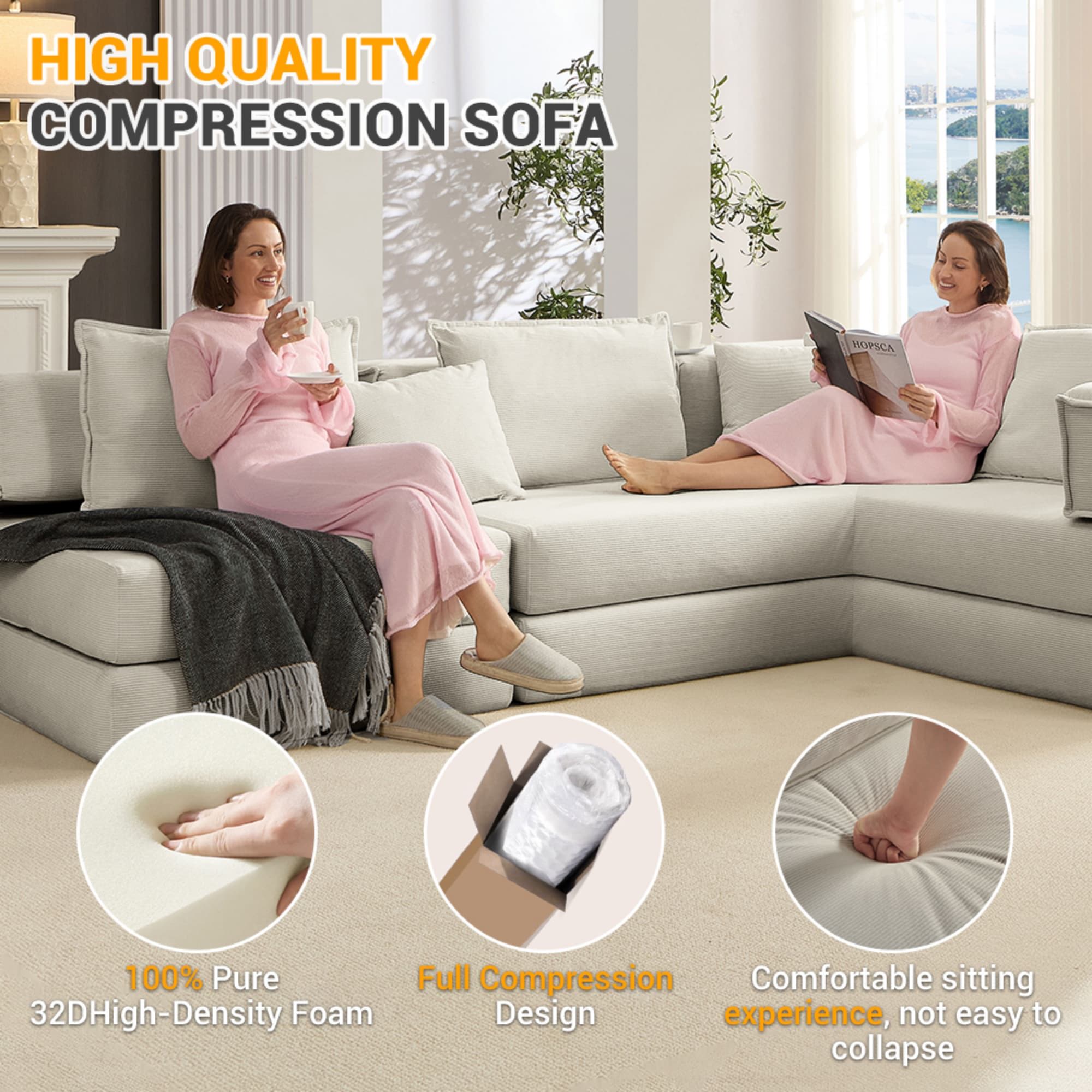 Modular L Shaped Floor Living Room Sofa Set With 6 Pillows