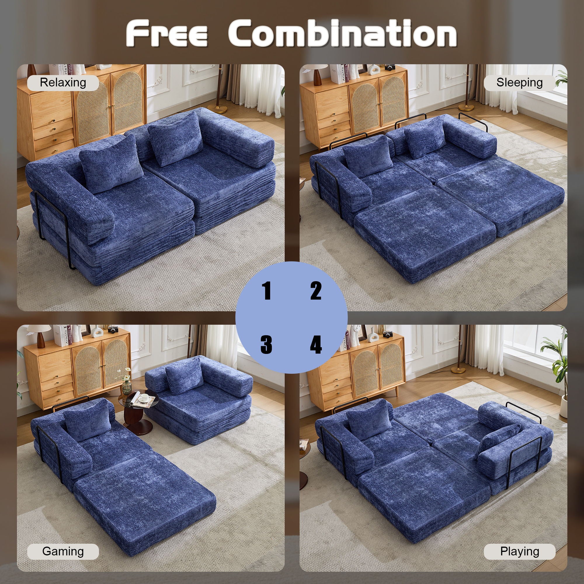 Convertible Floor Sofa Bed With Pillow Back Support Armrest