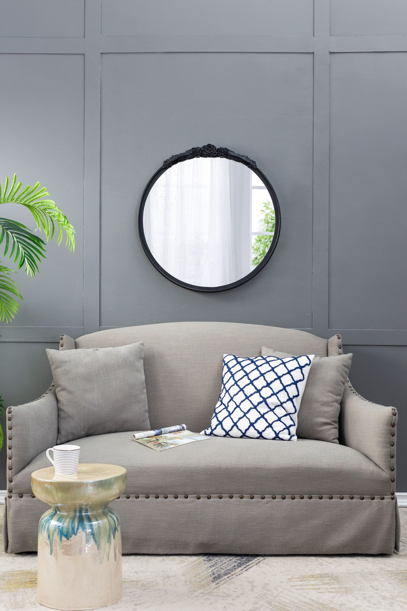 Round Hand Carved Rose Antique Mirror Frame, Wall Mirror For Live Space