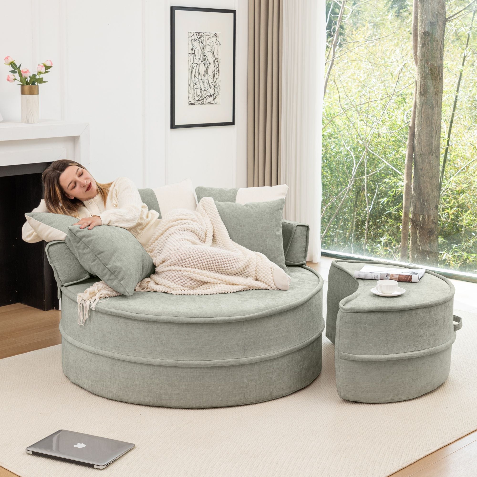 Modern Oversized Round Barrel Accent Chair With Ottoman