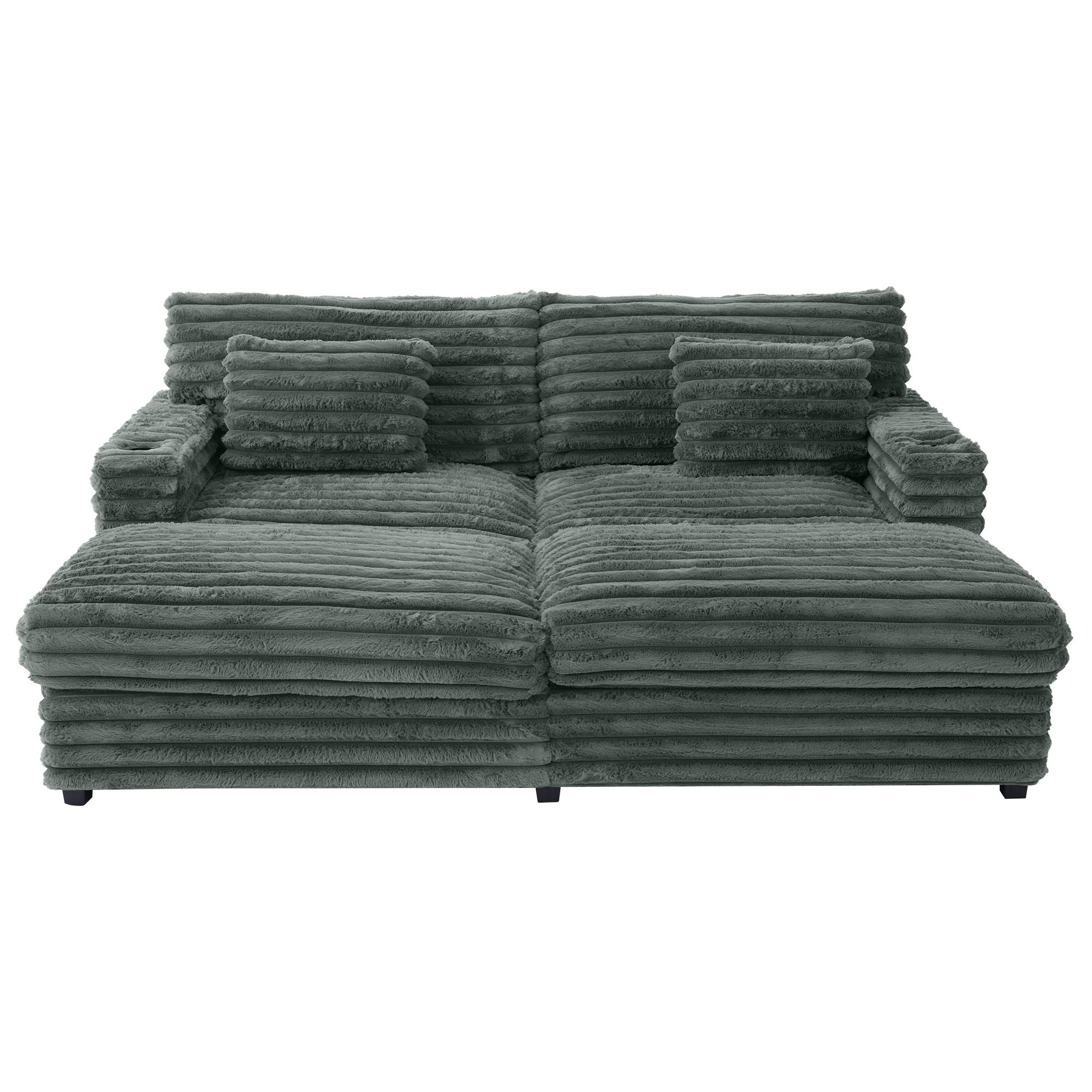 Plush Oversized Double Chaise Lounge Sofa Bed With USB Ports And Cup Holders