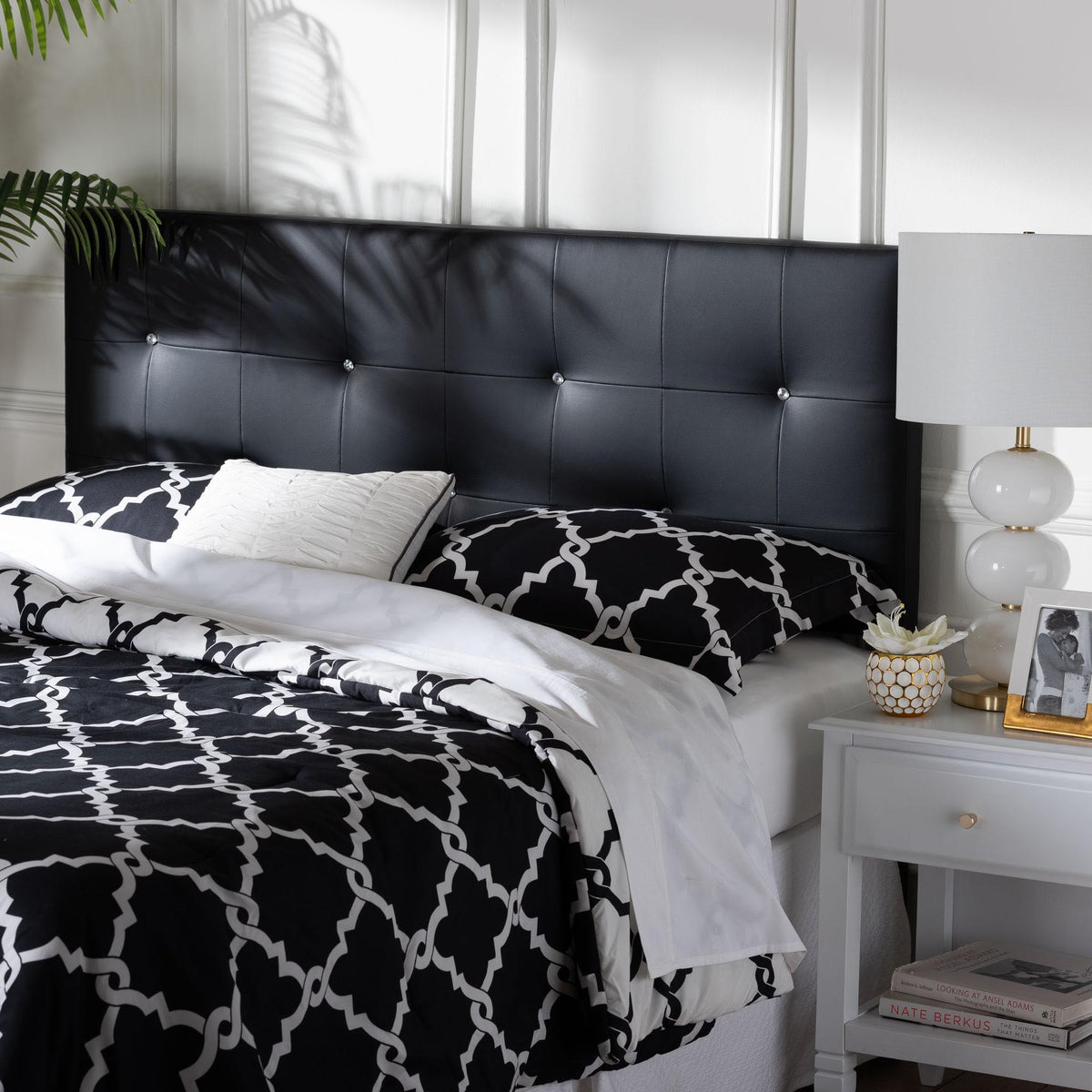 Dalini Modern and Contemporary Queen Black Faux Leather Headboard with Faux Crystal Buttons