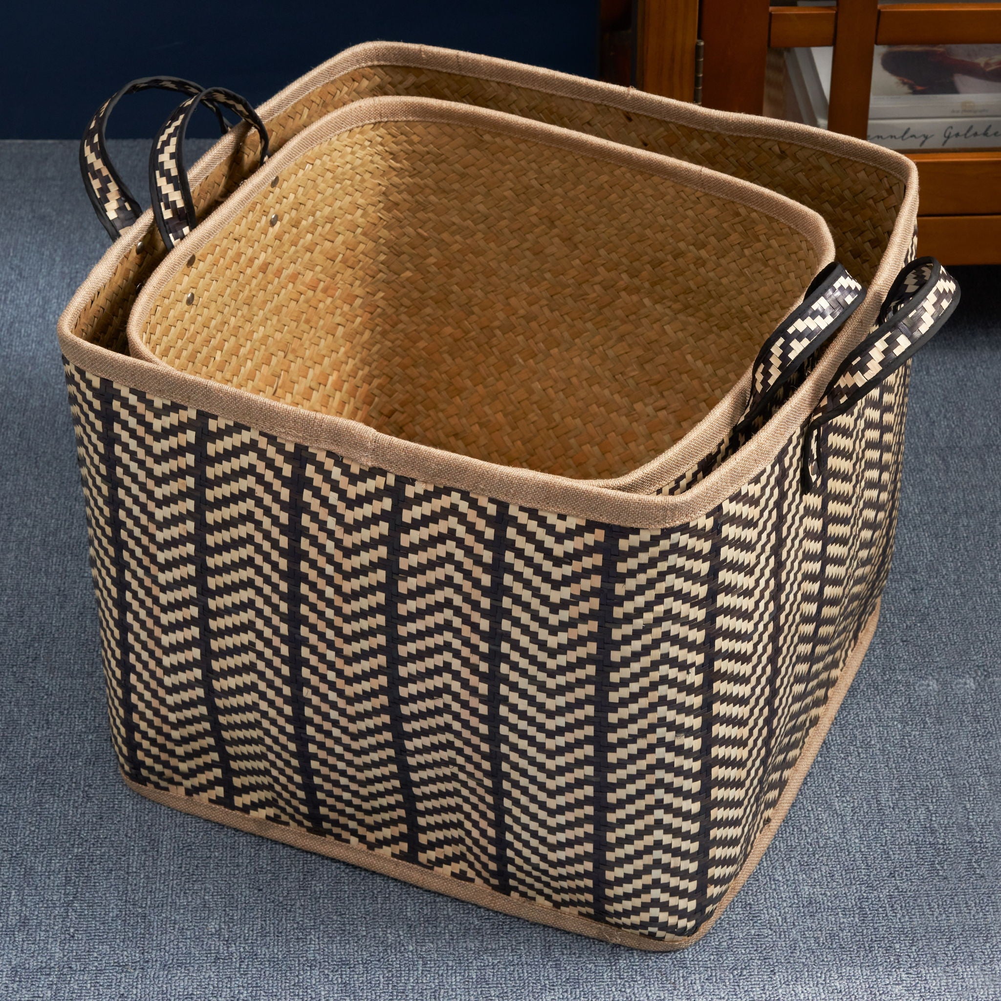 Square Palm Leaf Woven Wicker Storage Basket With Handles (Set of 2) - Back / Brown