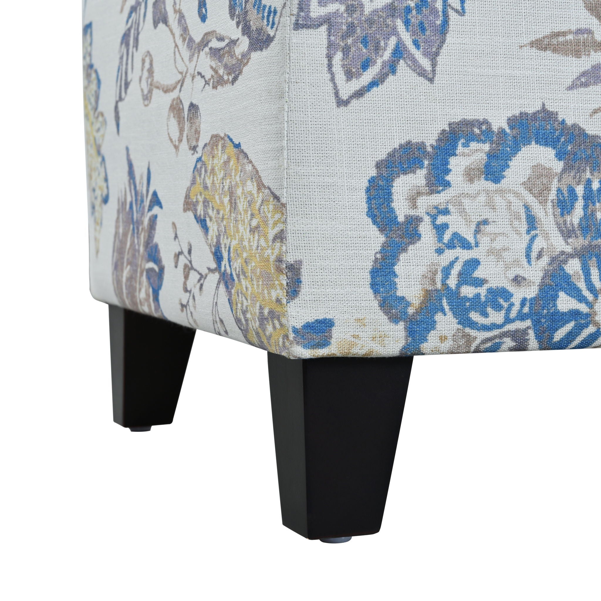 Luxury Storage Ottoman With Floral Patterned Fabric, Soft Close Hinges, Functional Footrest & Seat - Blue Flower / Blue Multi