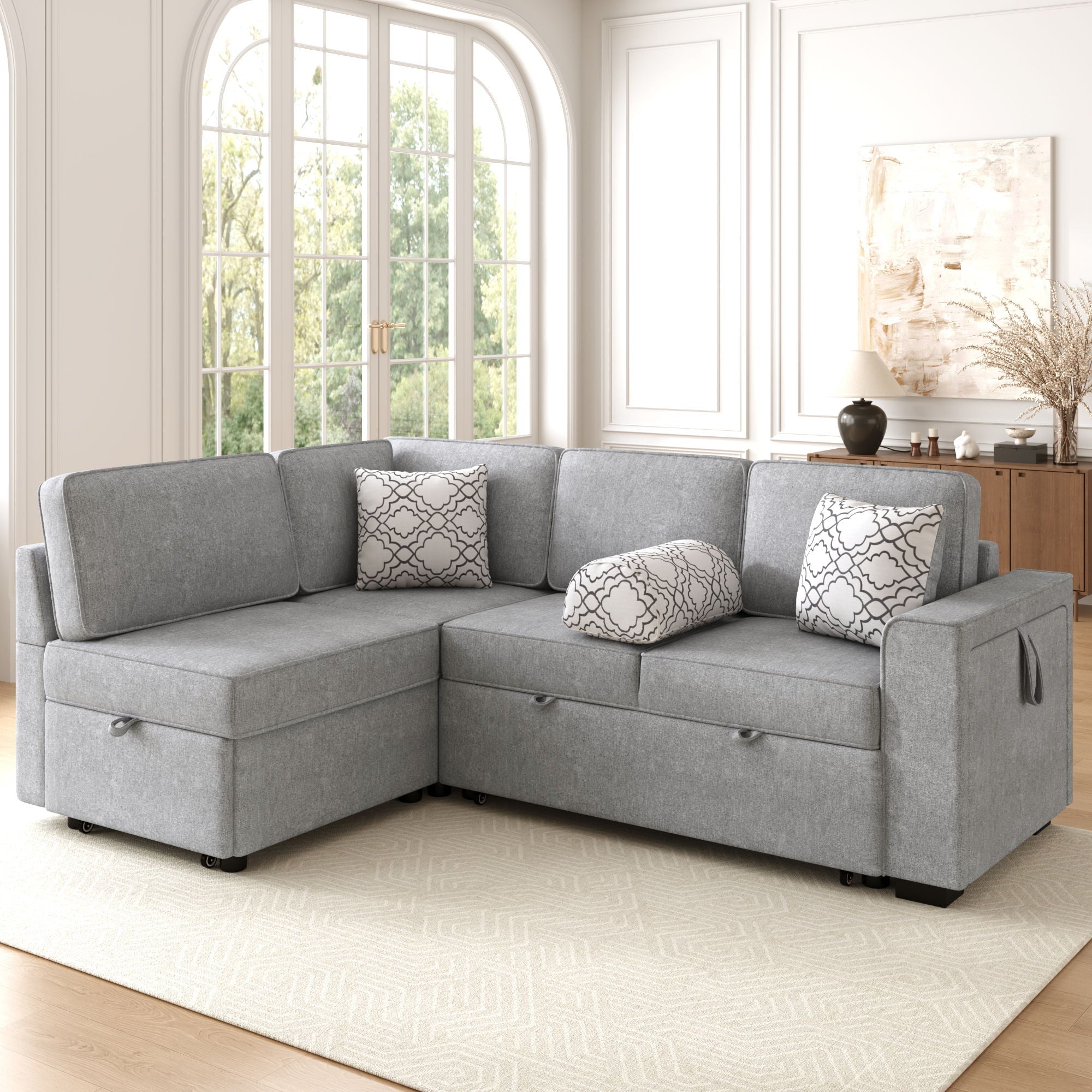 Convertible Sectional L-Shaped Sofa With Dual Pull-Out Sleepers, Flip-Top Table, USB Ports, Cup Holder & Storage