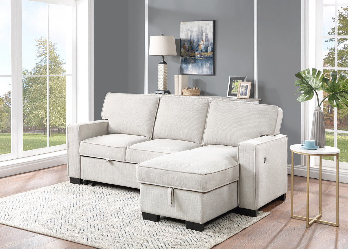 Estelle 86.5"W Beige Fabric Reversible Sleeper Sectional with Storage Chaise Drop-Down Table 2 Cup Holders and 2USB Ports