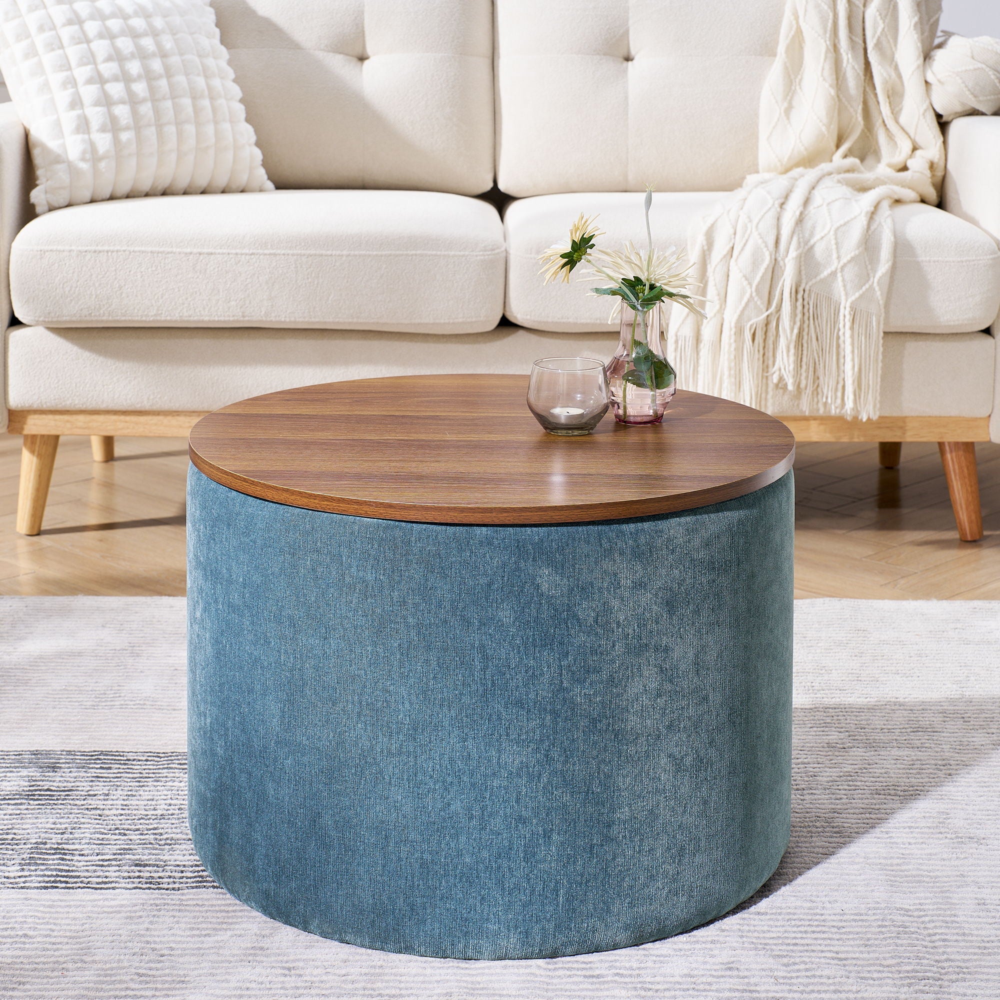 Classic 2 Piece Round Storage Ottoman Set With Drum Shaped Stool