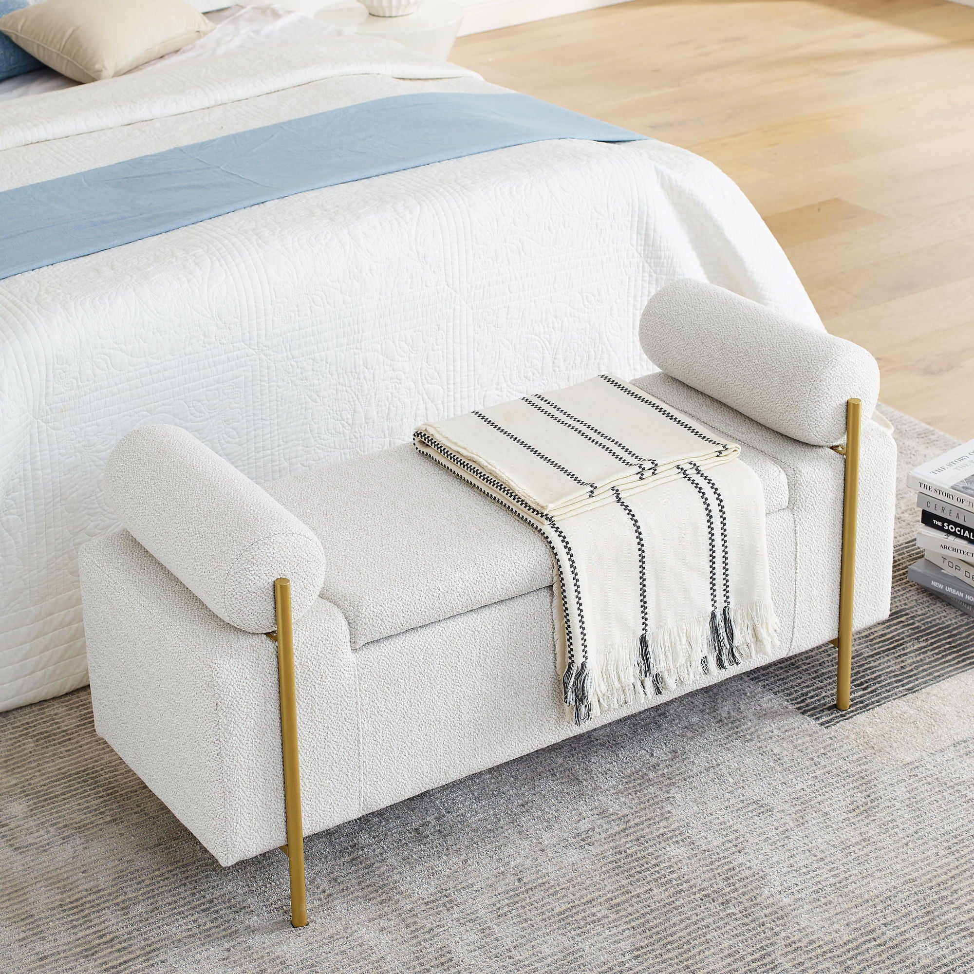 Elegant Upholstered Linen Storage Bench With Cylindrical Arms And Iron Legs, White