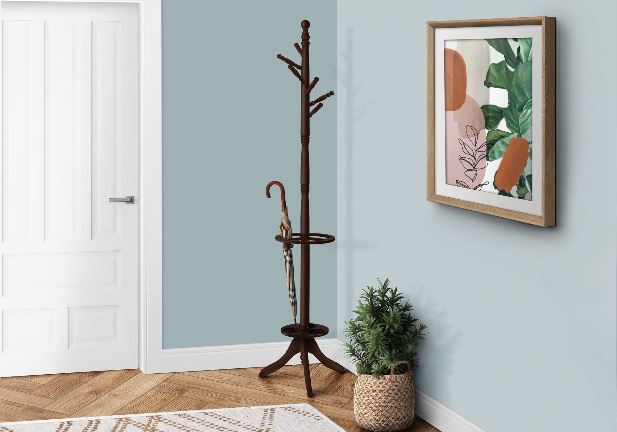 Free Standing Coat Rack 6 Hooks For Entryway With Umbrella Holder - Cherry
