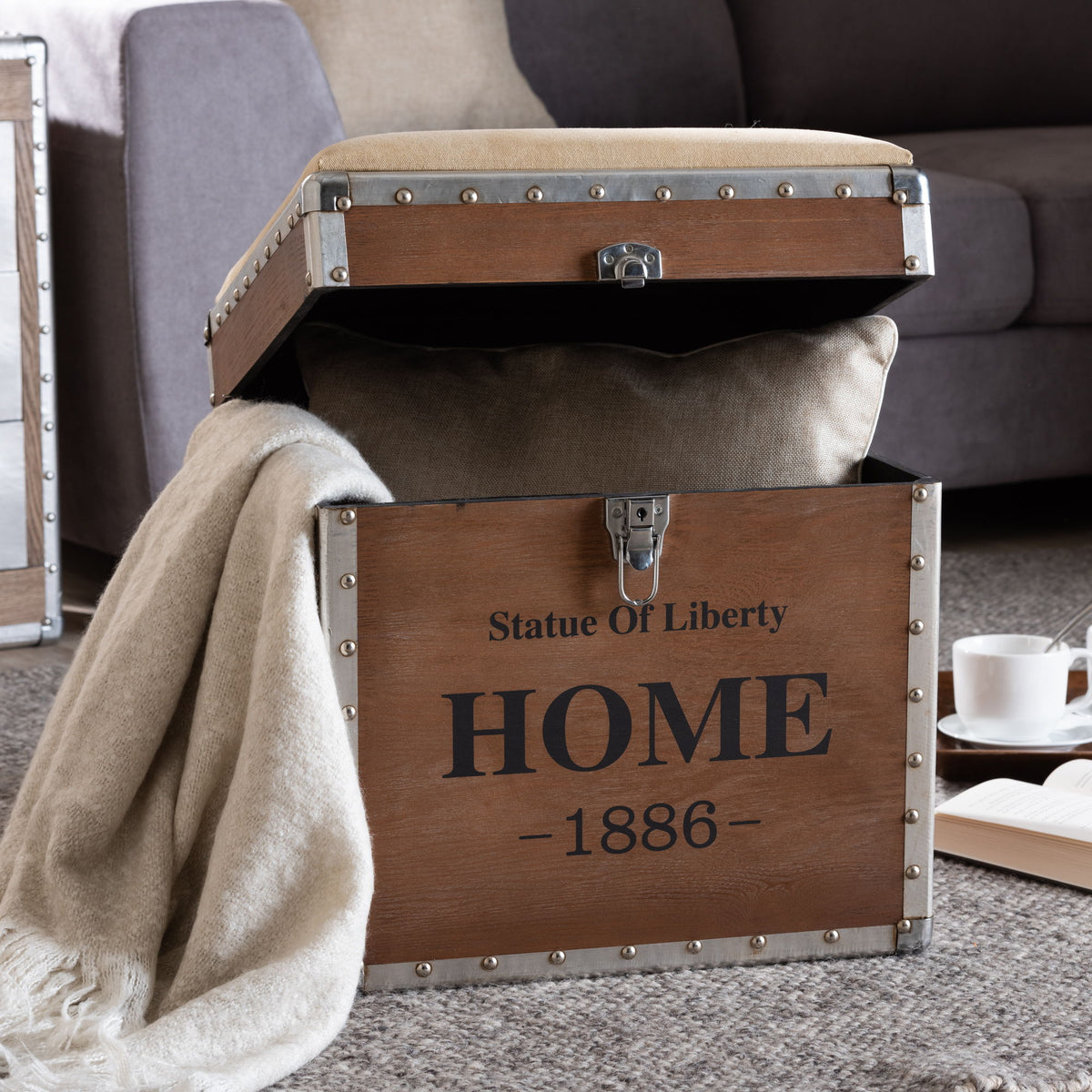 Violetta Vintage Industrial Beige Fabric Upholstered Wood Storage Trunk Ottoman