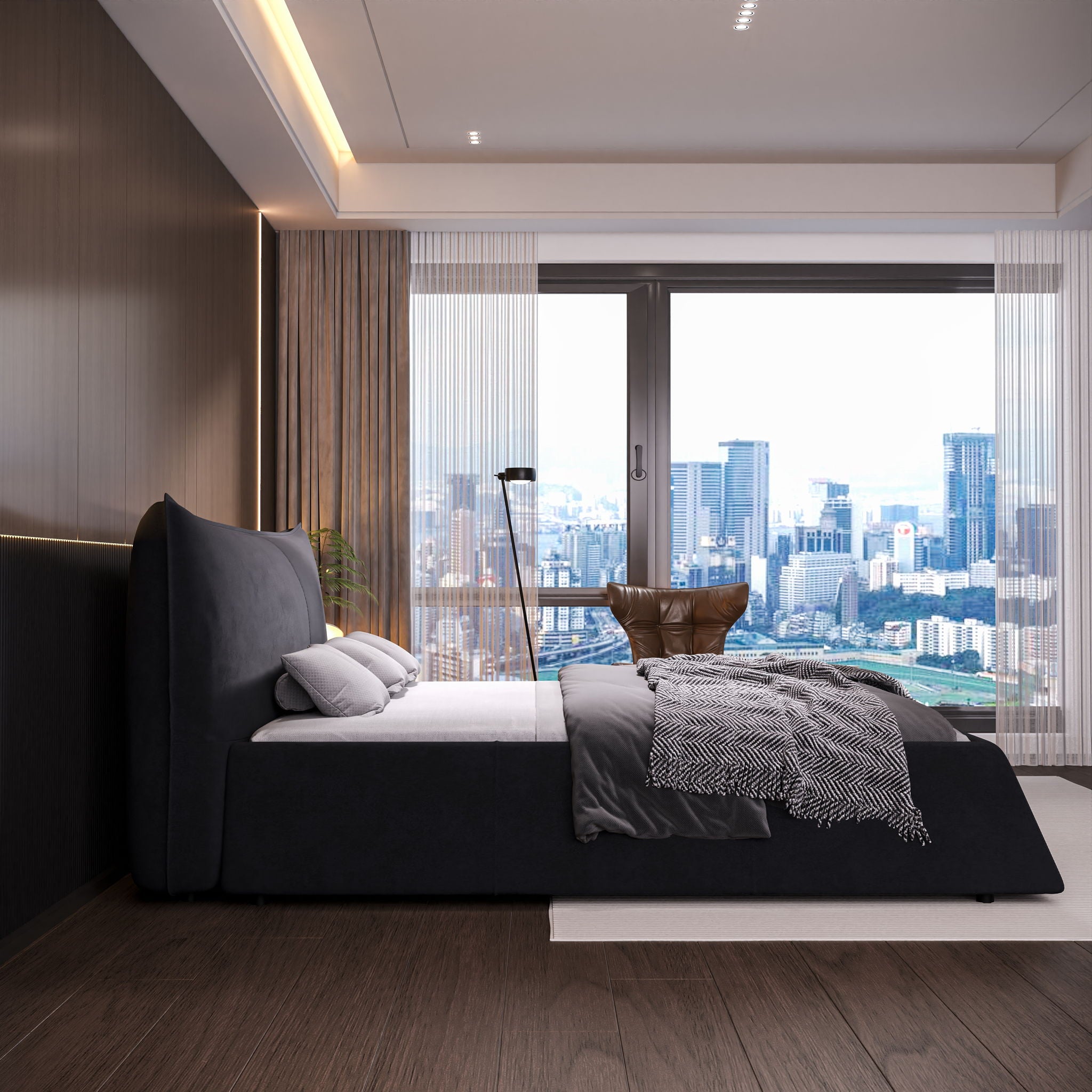 Upholstered Platform Bed With Special Shaped Velvet Headboard