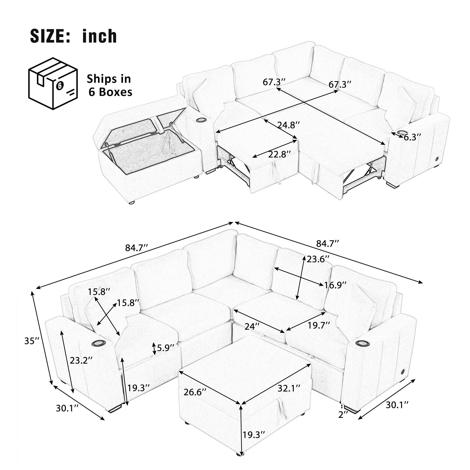 Sectional Sofa Convertible Pull-Out Sofa Bed With A Movable Storage Ottoman For Living Room
