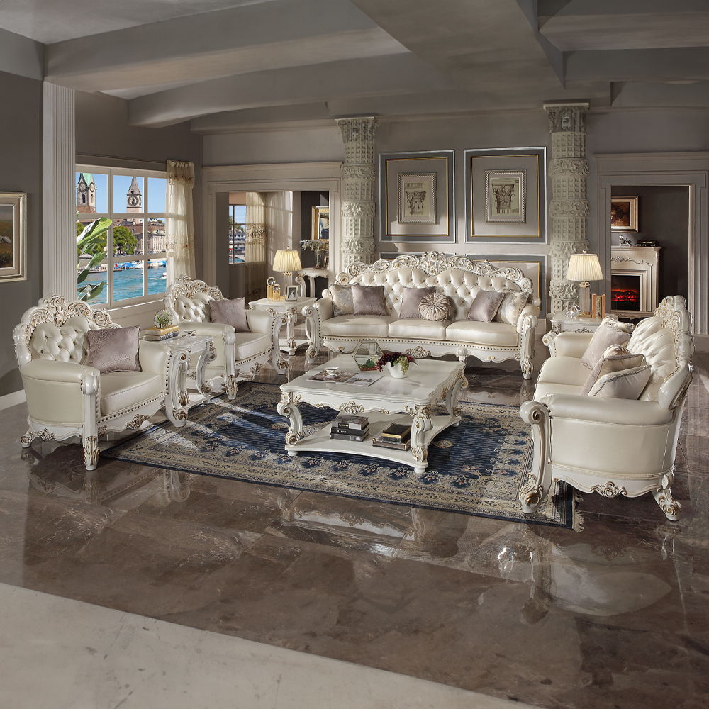 Vendome - Sofa With 5 Pillows - Champagne Synthetic Leather & Antique Pearl