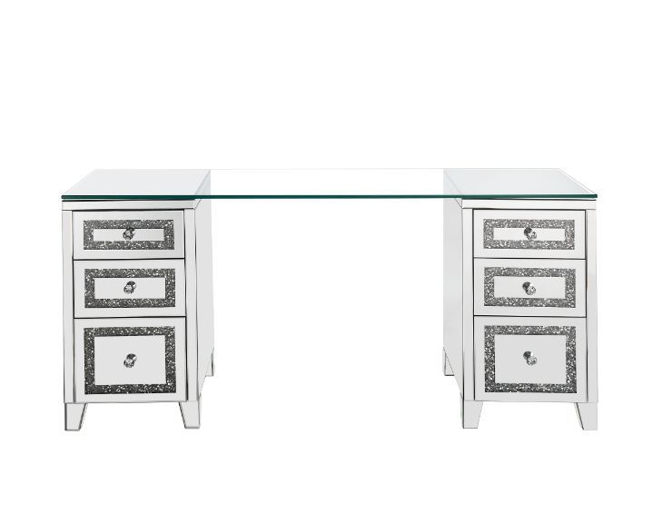ACME Noralie - Writing Desk - Clear Glass, Mirrored & Faux Diamonds - 31" | Meri Furniture