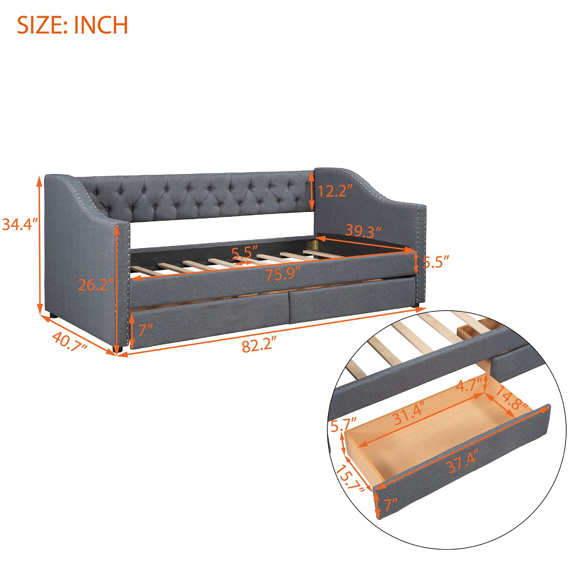 Twin Size Upholstered Daybed With Two Drawers, Slat Support - Gray