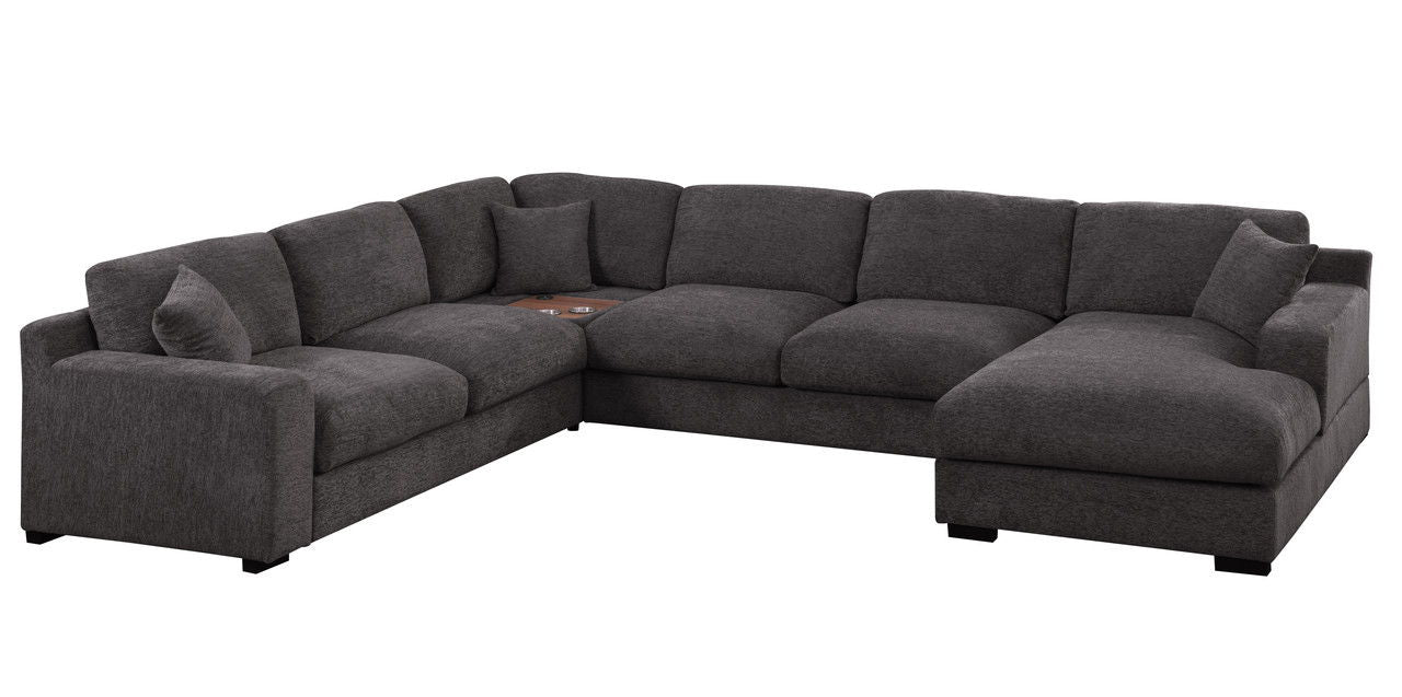 Celine 128"W Gray Chenille Fabric Corner Sectional Sofa with Right-Facing Chaise, Cupholders, and Charging Ports