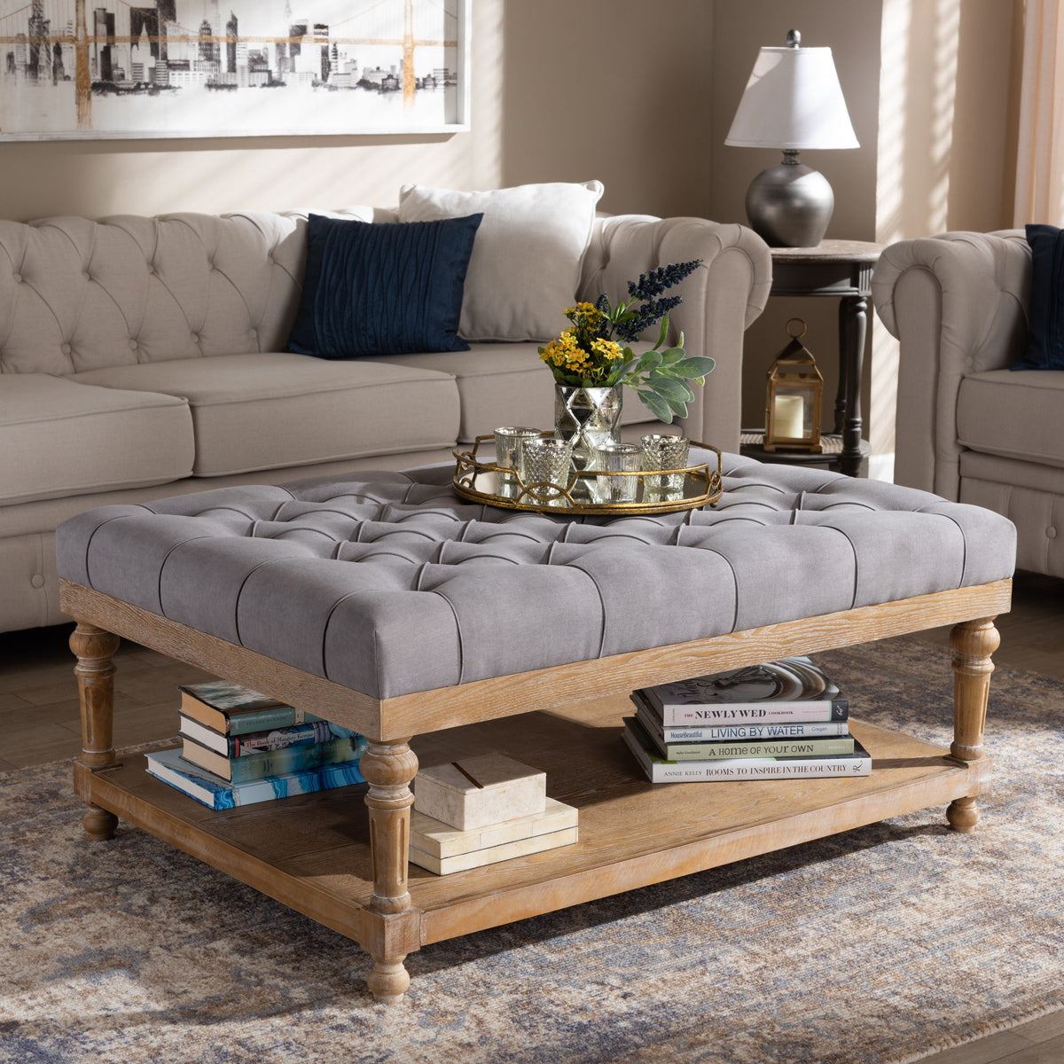 Lindsey Modern and Rustic Grey Linen Fabric Upholstered and Greywashed Wood Cocktail Ottoman