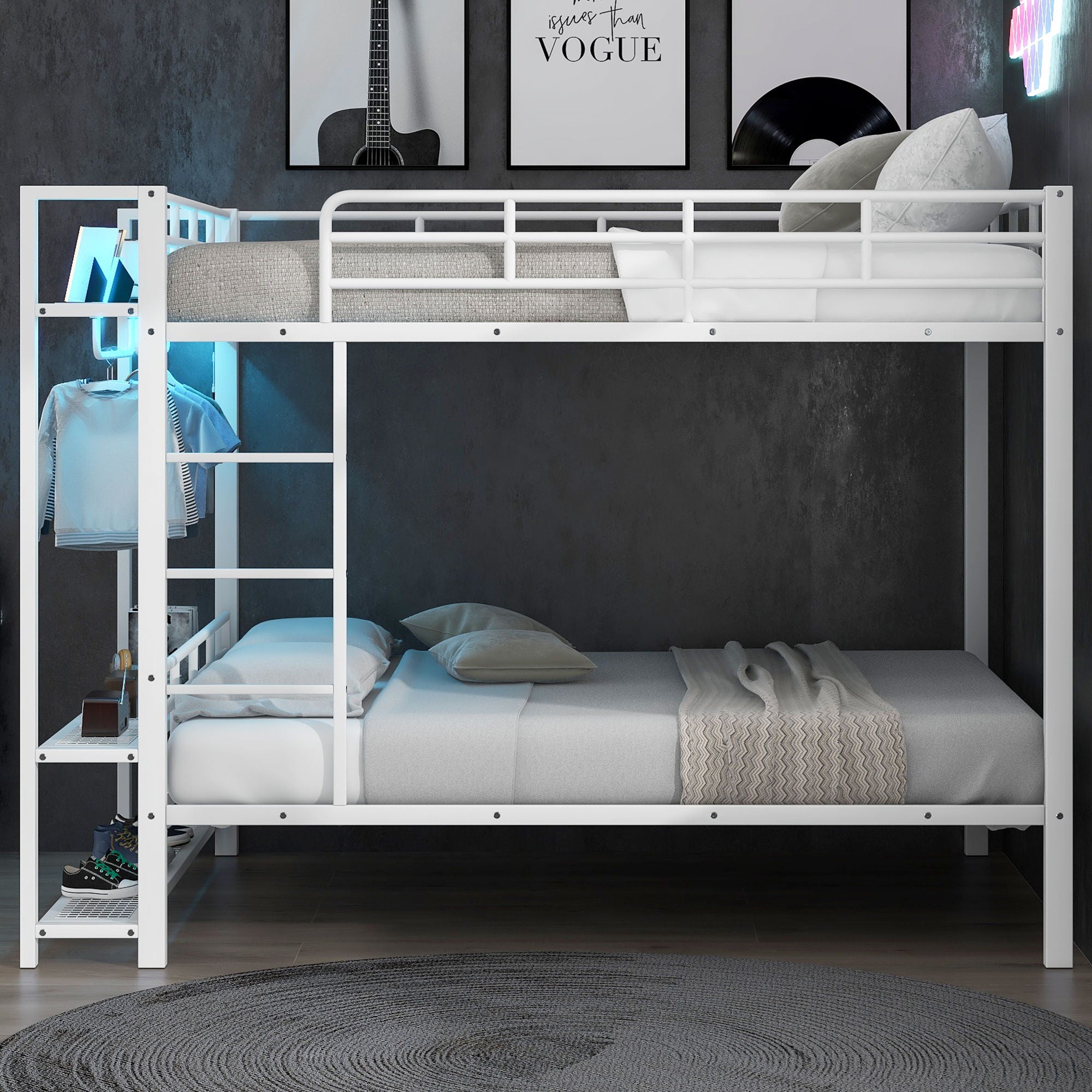 Bunk Bed With Storage Mesh Shelves, Clothes Hooks, LED Light