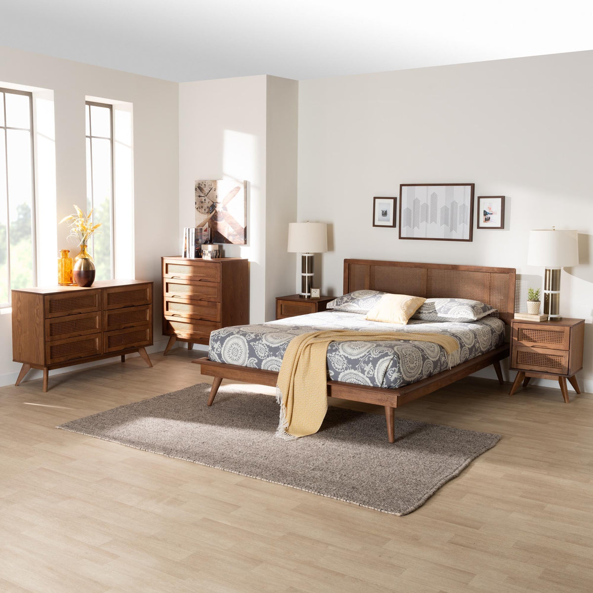 Nura Mid-Century Modern Walnut Brown Finished Wood and Rattan Queen Size 5-Piece Bedroom Set