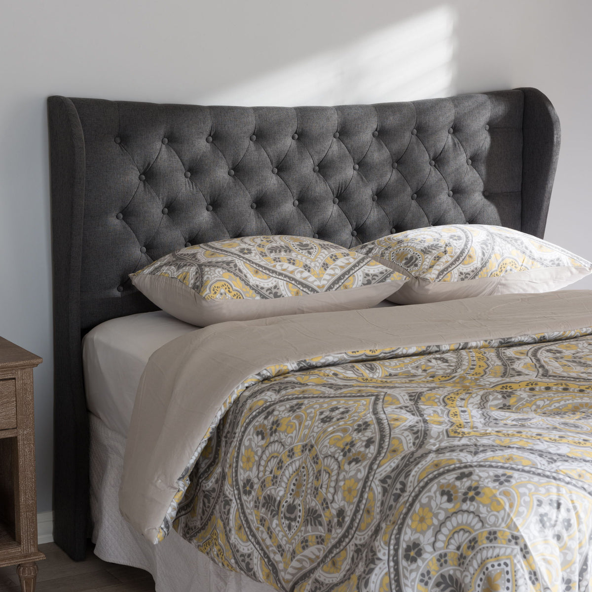 Cadence Modern and Contemporary Dark Grey Fabric Button-Tufted King Size Winged Headboard