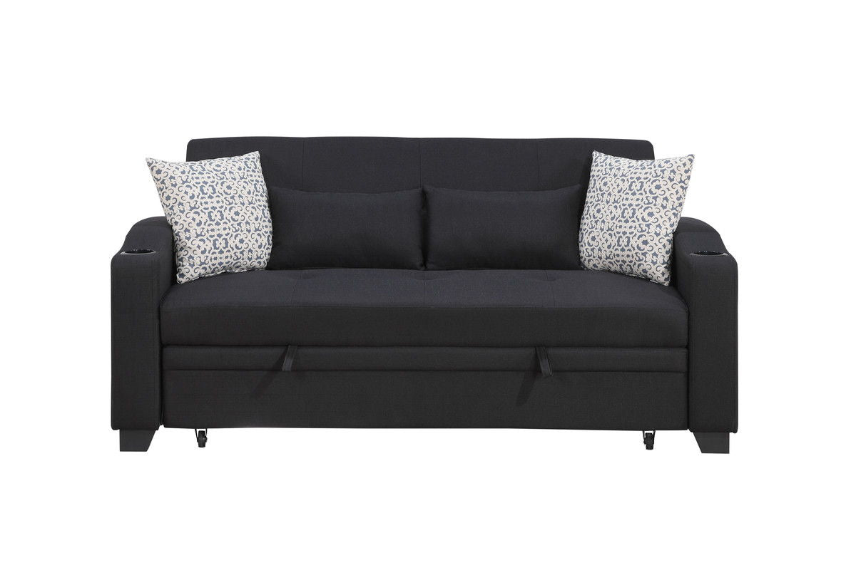 Bennett 71"W Black Fabric Convertible Sleeper Loveseat with USB Charger and Cupholders
