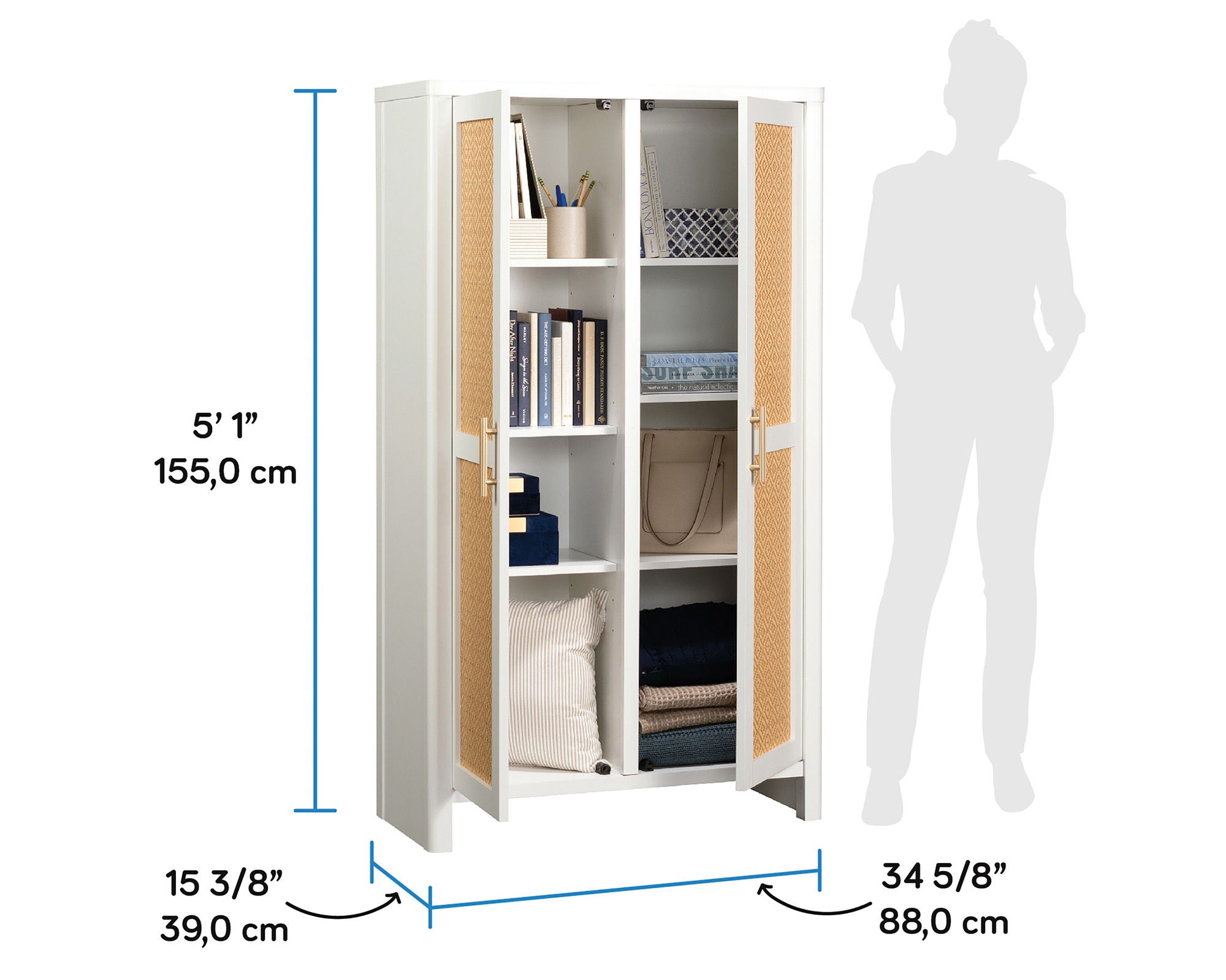 6-Shelf Storage Cabinet in White/Rattan