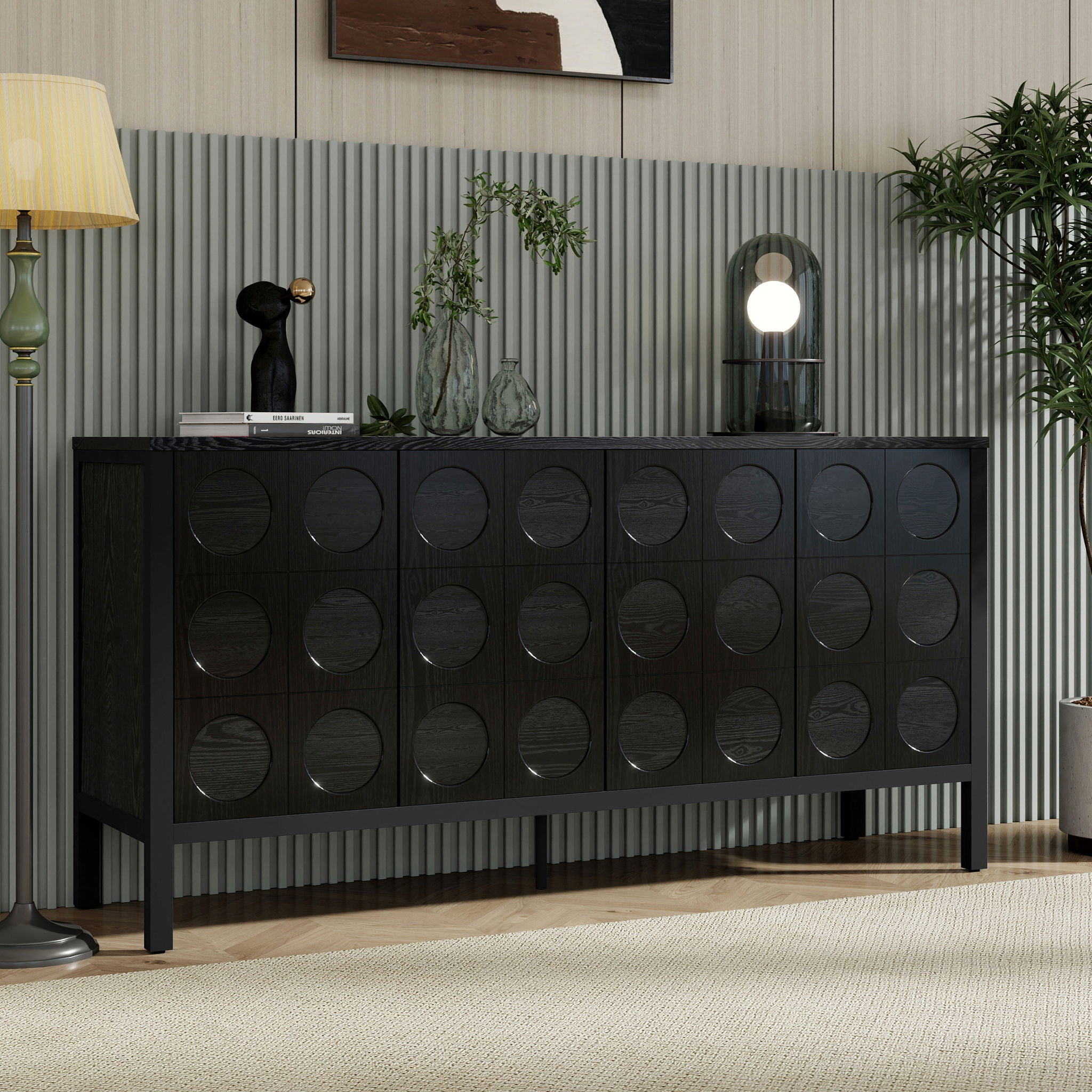 Stylish Storage Cabinet Sideboard With Unique Geometric Circle Door Design - Black