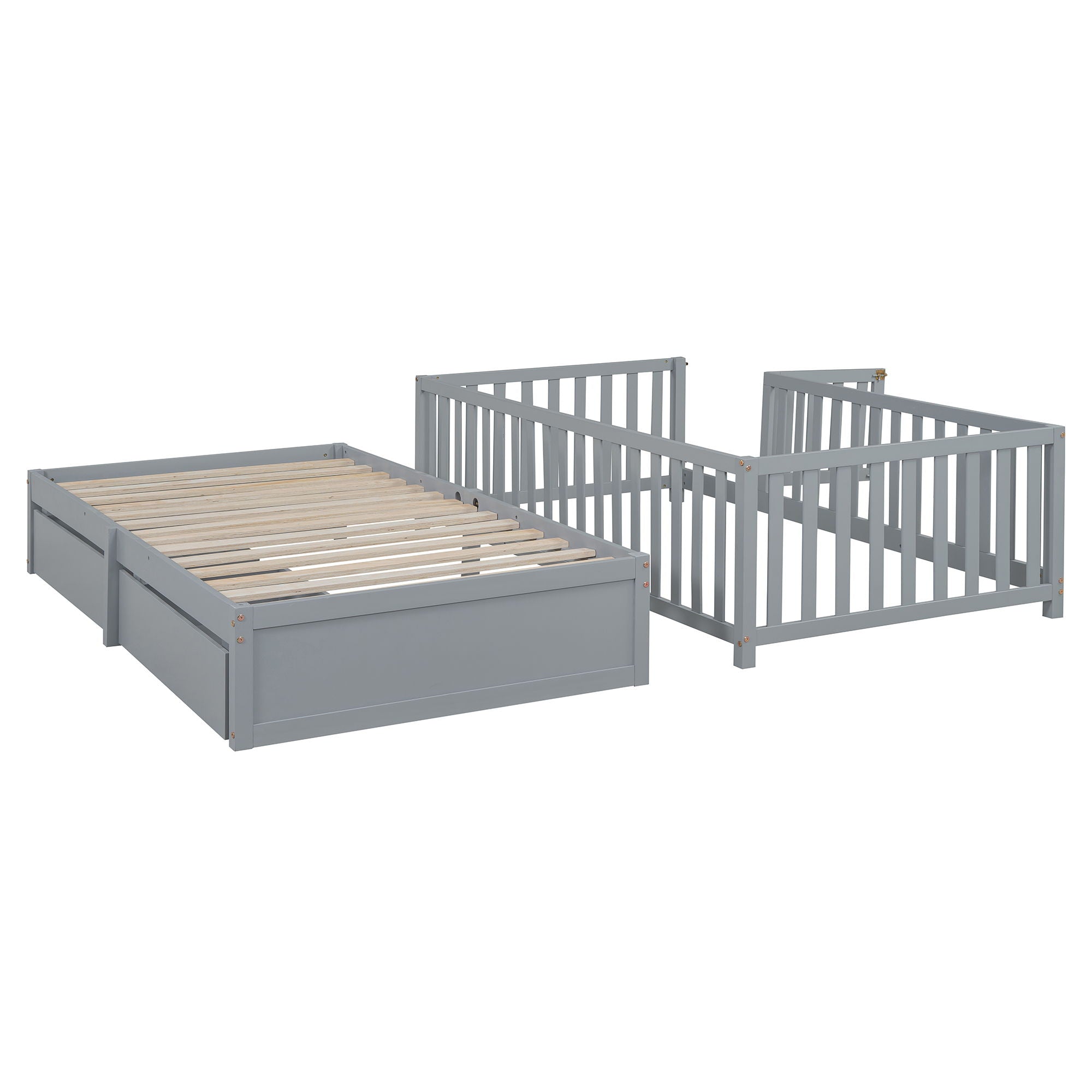 Daybed With Fence Guardrails And 2 Drawers, Split Into Independent Floor Bed & Daybed
