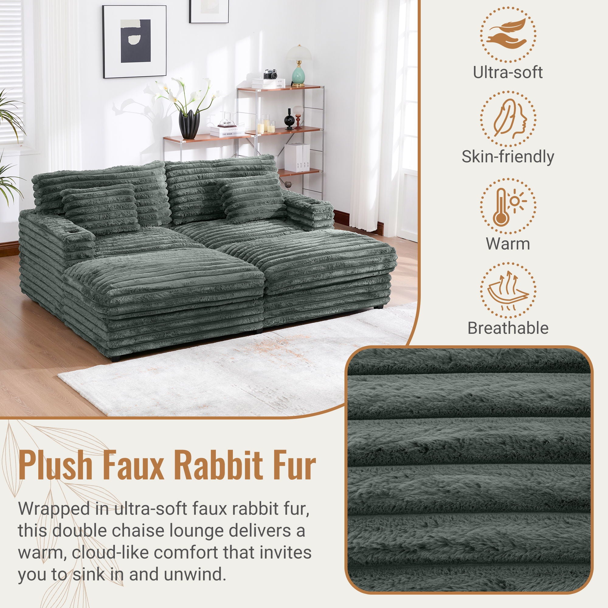 Plush Oversized Double Chaise Lounge Sofa Bed With USB Ports And Cup Holders