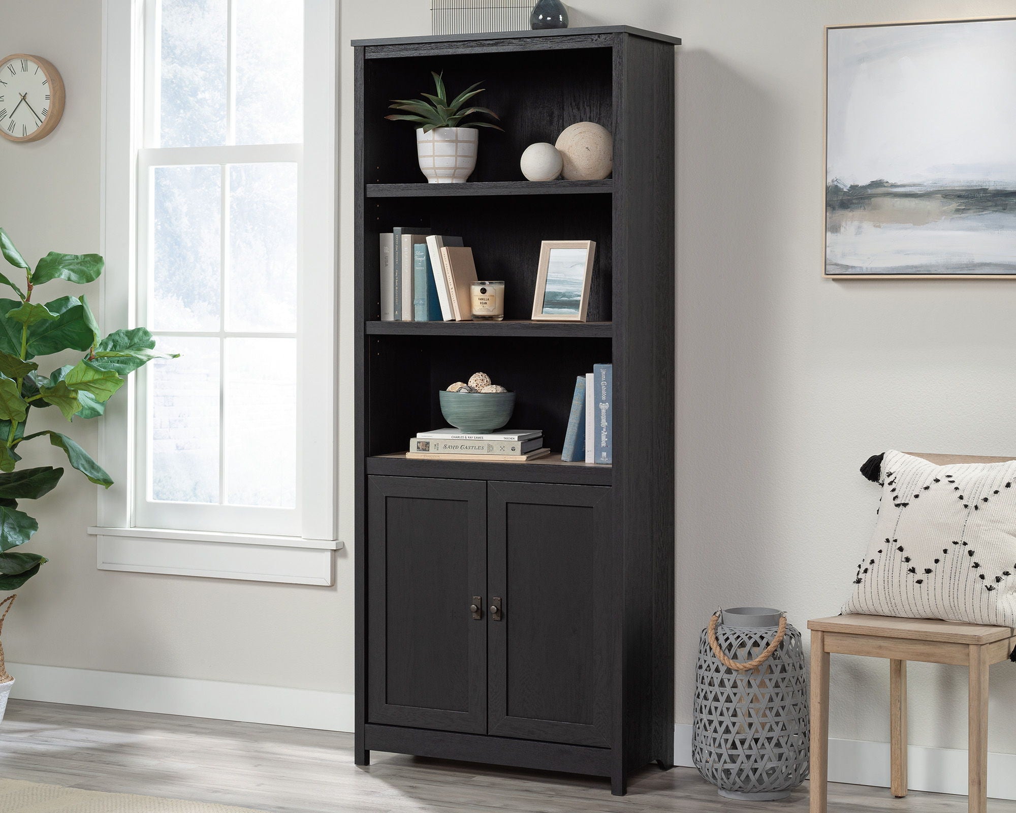 5-Shelf Library Bookcase with Doors in Raven Oak