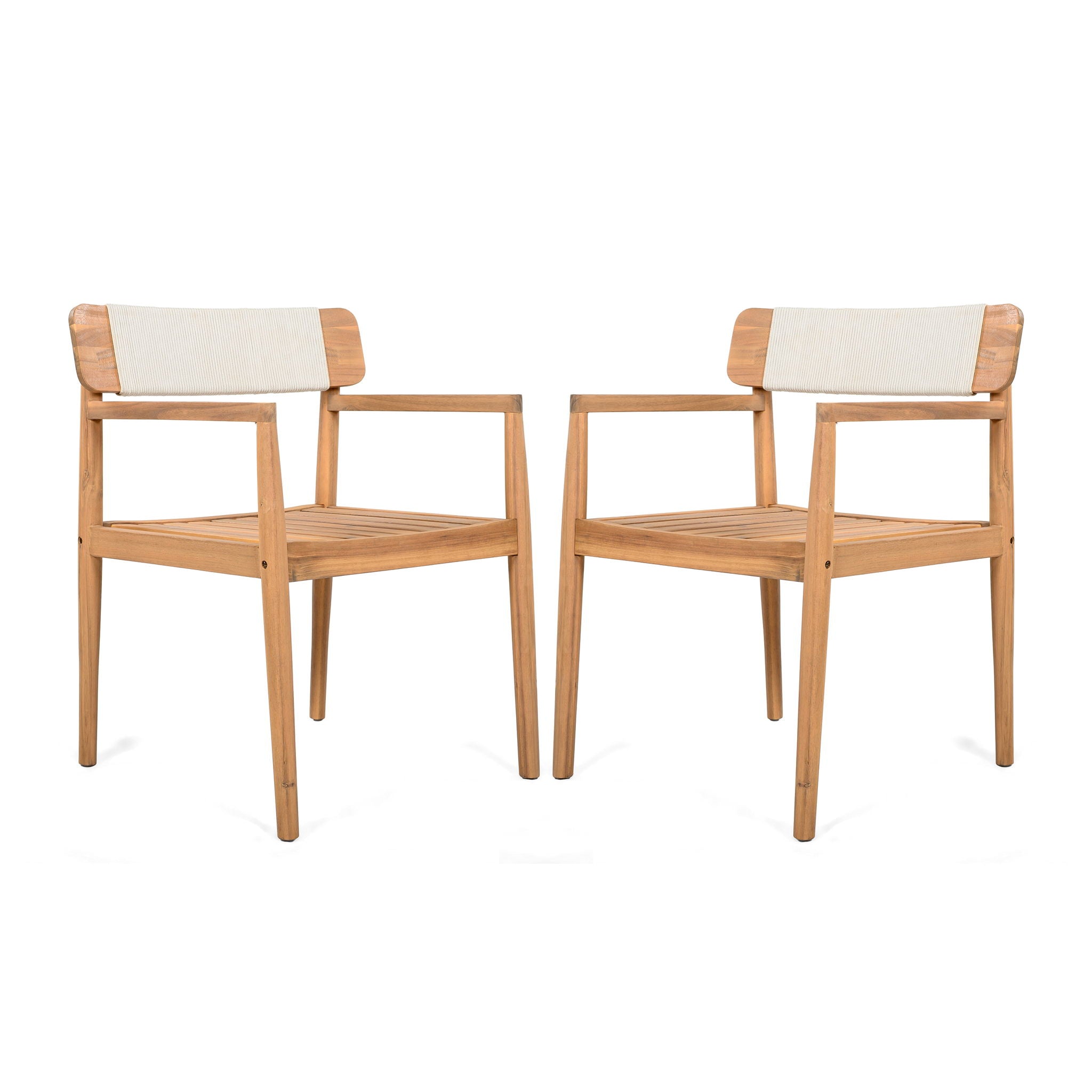 Creative Braided Acacia Wood Outdoor Dining Table And Chairs With Armrests (Set of 2) - Teak / White