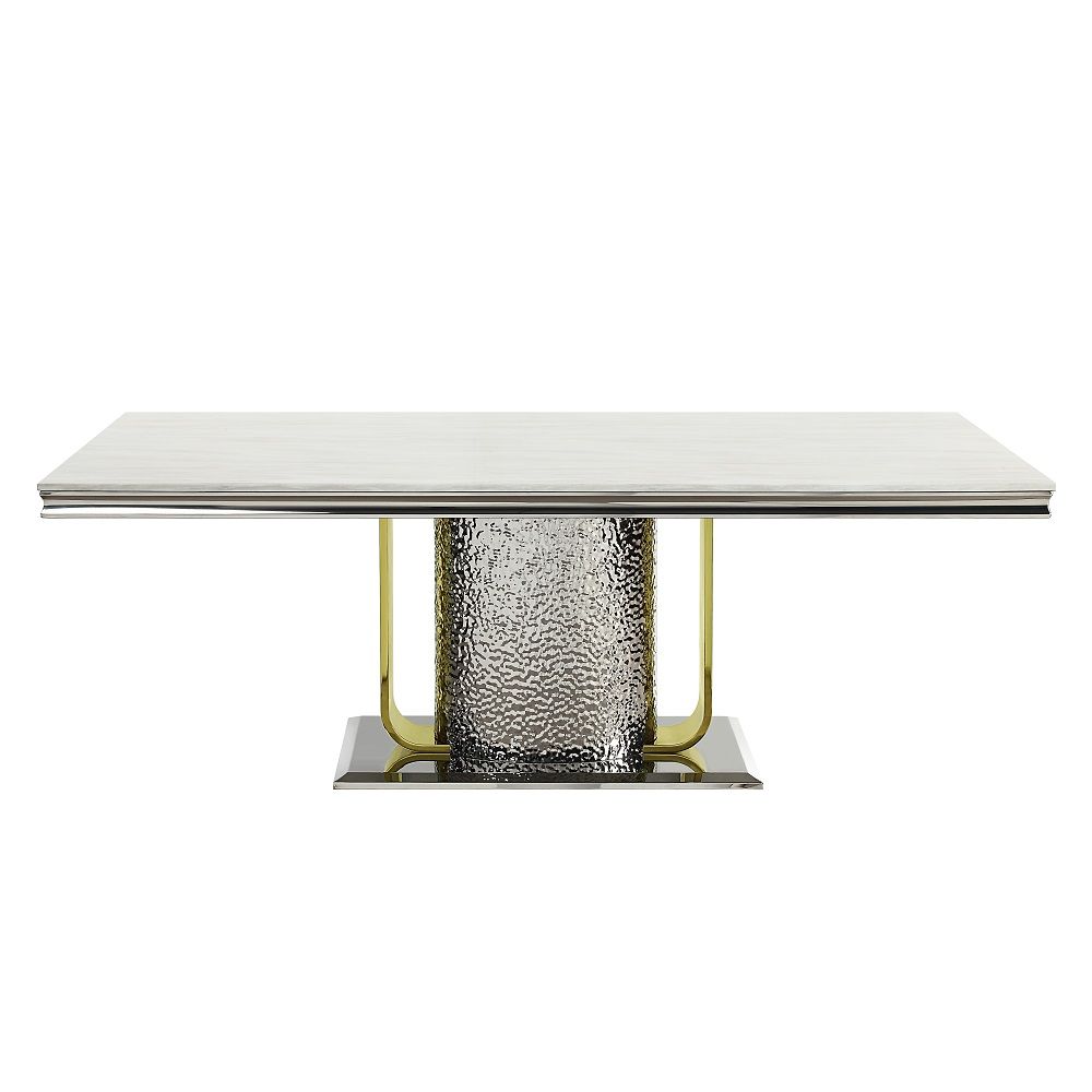 ACME Fadri - Dining Table With Engineering Stone Top & Pedestal Base - Mirrored Silver & Gold | Meri Furniture