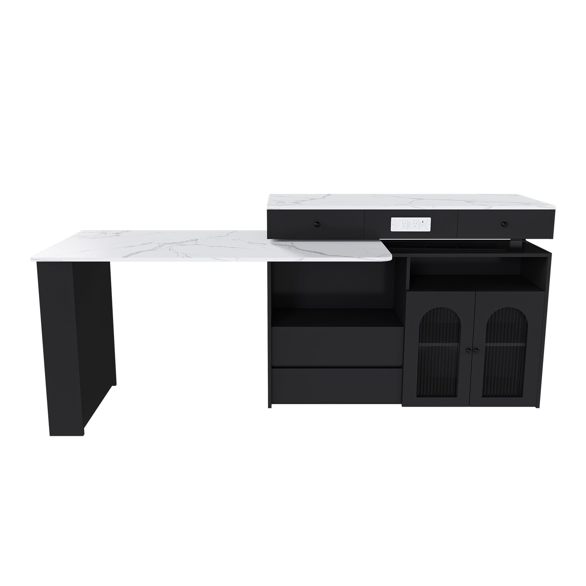 Kitchen Island With Extendable Rotating Table, 4 Drawers & Glass Door Cabinets, Built In Socket - Black