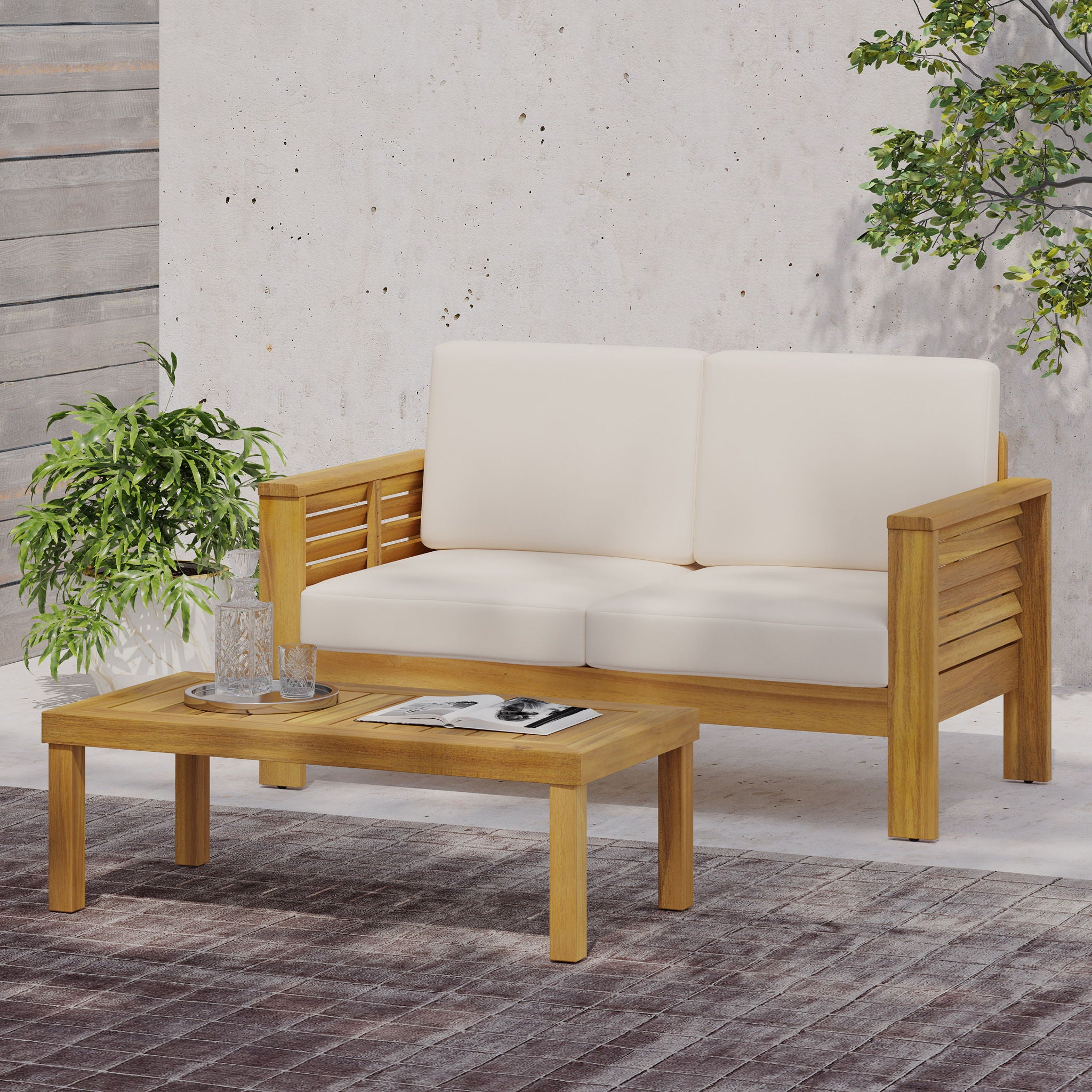 Acacia Wood Loveseat And Coffee Table Set With Cushions