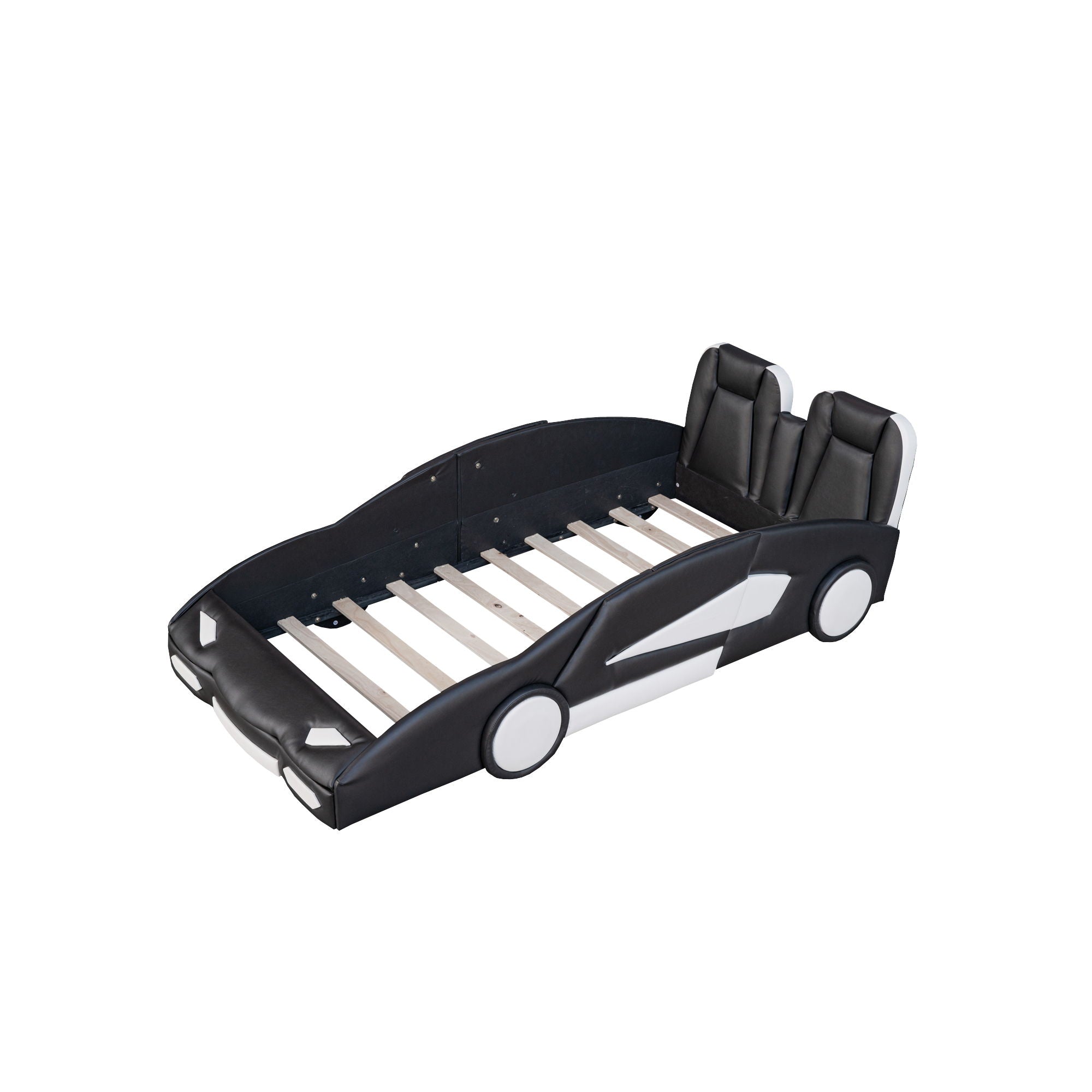 Race Car Shaped Twin Platform Bed With Wheels, Pine Wood Construction