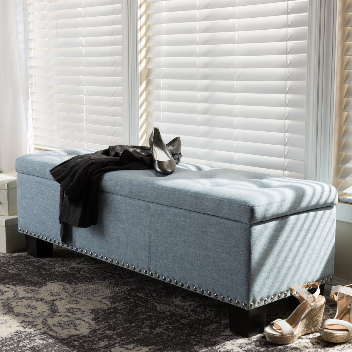 Hannah Modern and Contemporary Light Blue Fabric Upholstered Button-Tufting Storage Ottoman Bench