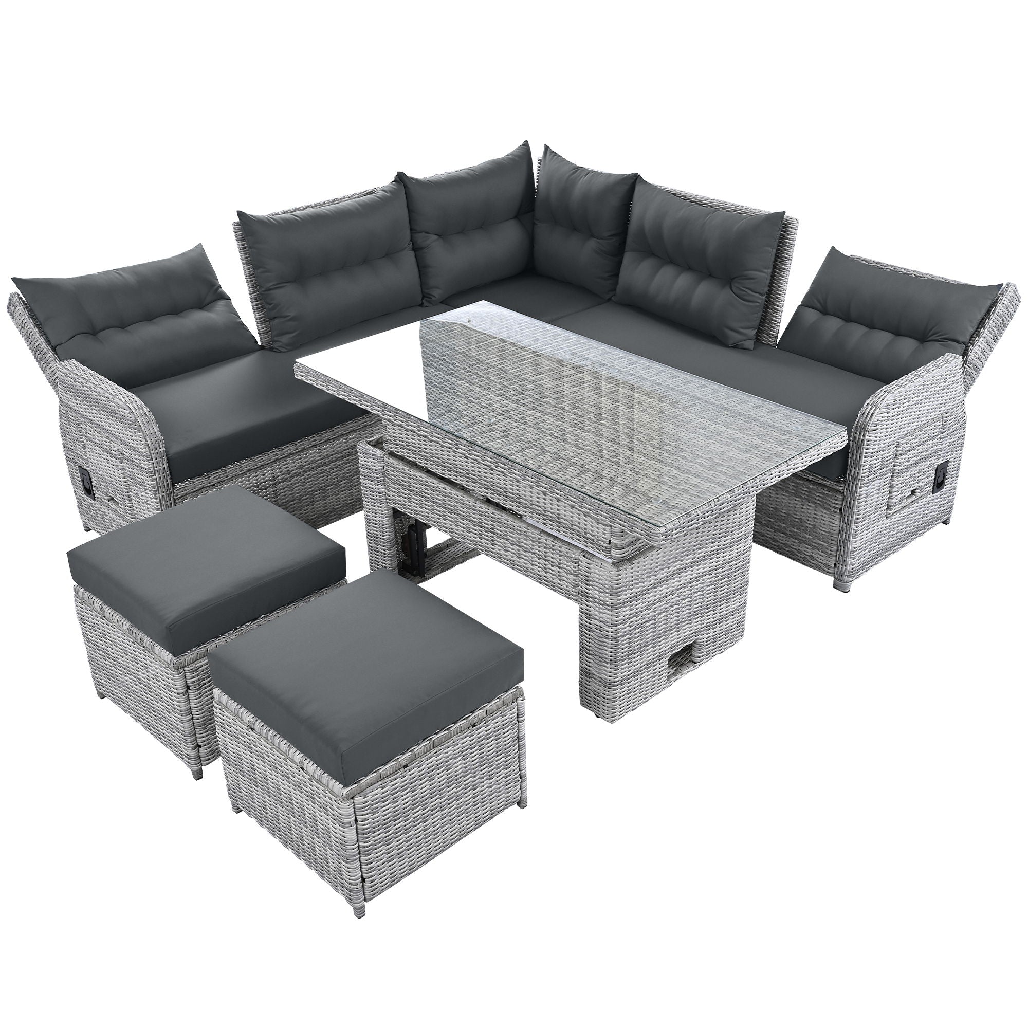 Outdoor Furniture Set Patio Rattan Furniture Set With Adjustable Table, Recliners With Extendable Side Tables And 2 Ottomans