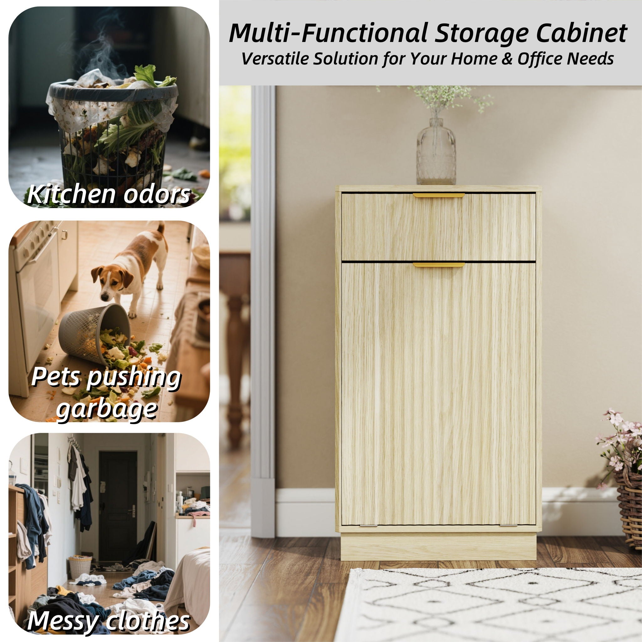 Tilt Out Trash Can Cabinet With Wave Textured Drawer & Pull Out Bin