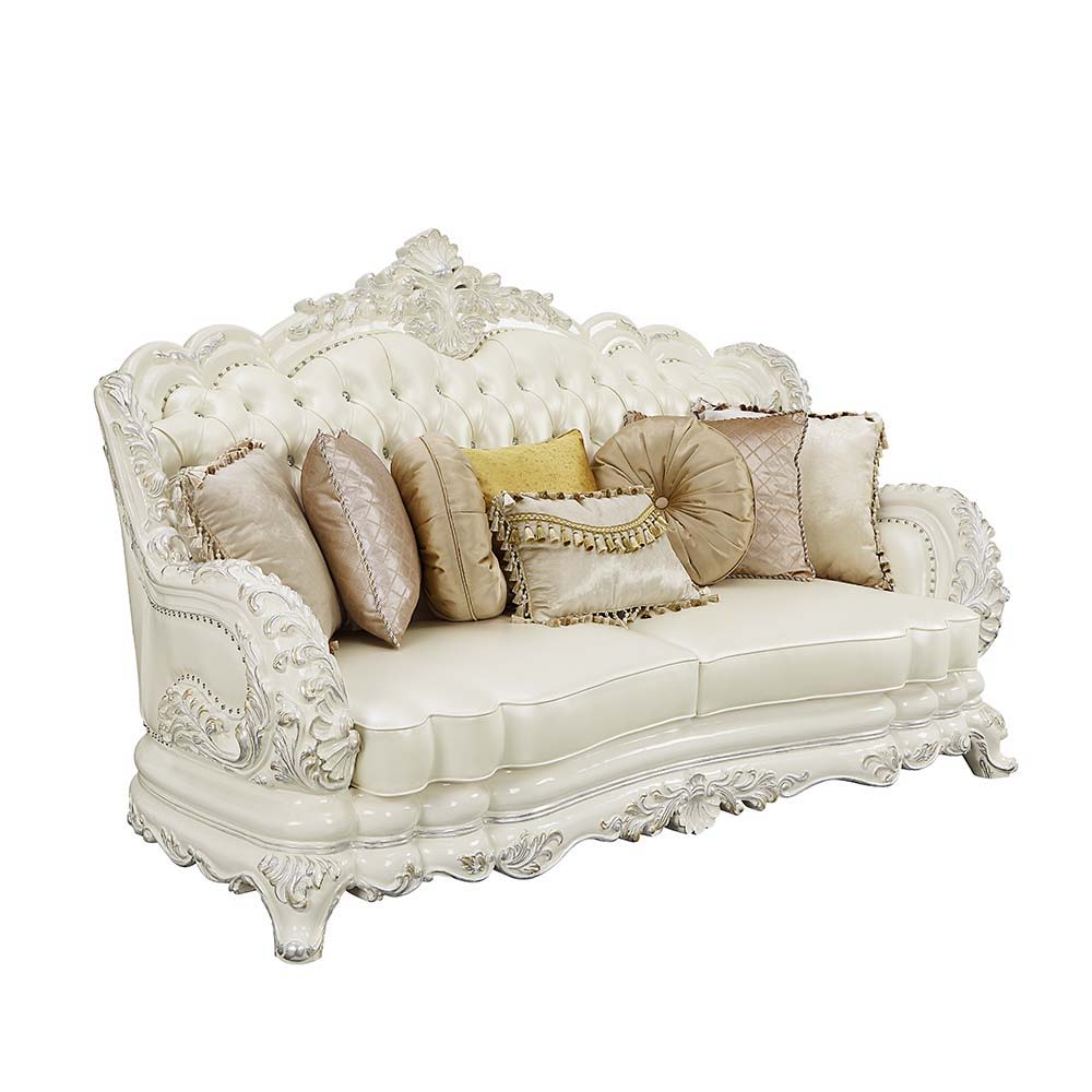 ACME Adara - Sofa - White PU & Antique White Finish | Meri Furniture