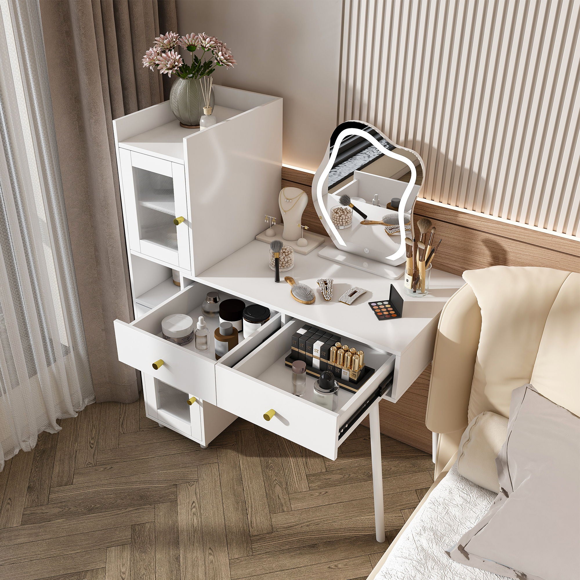 Vanity Dressing Table With LED Mirror & Storage Makeup Desk With 3 Drawers, 2 Open Shelves & 4 Hidden Cabinets - White