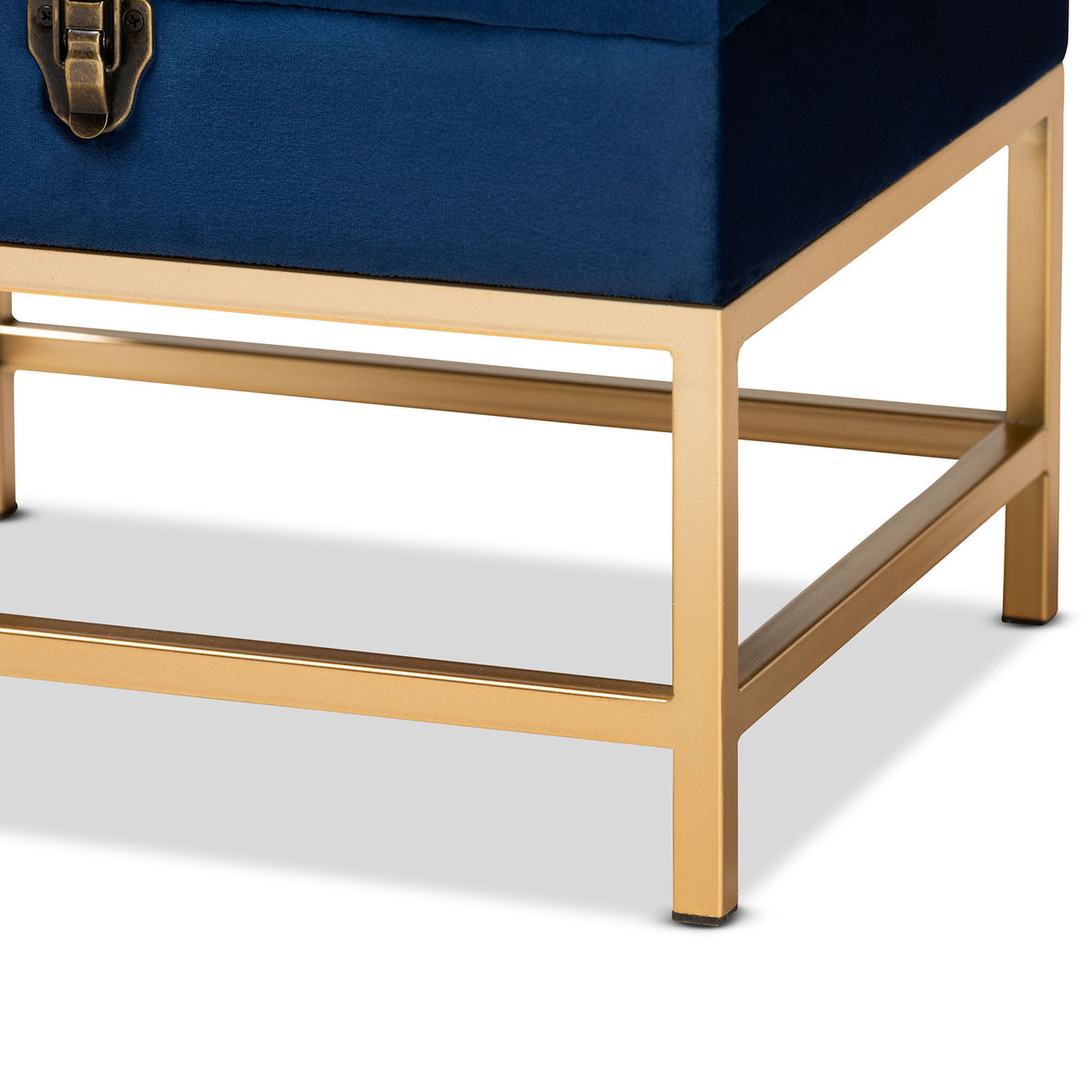Aliana Glam and Luxe Navy Blue Velvet Fabric Upholstered and Gold Finished Metal Small Storage Ottoman