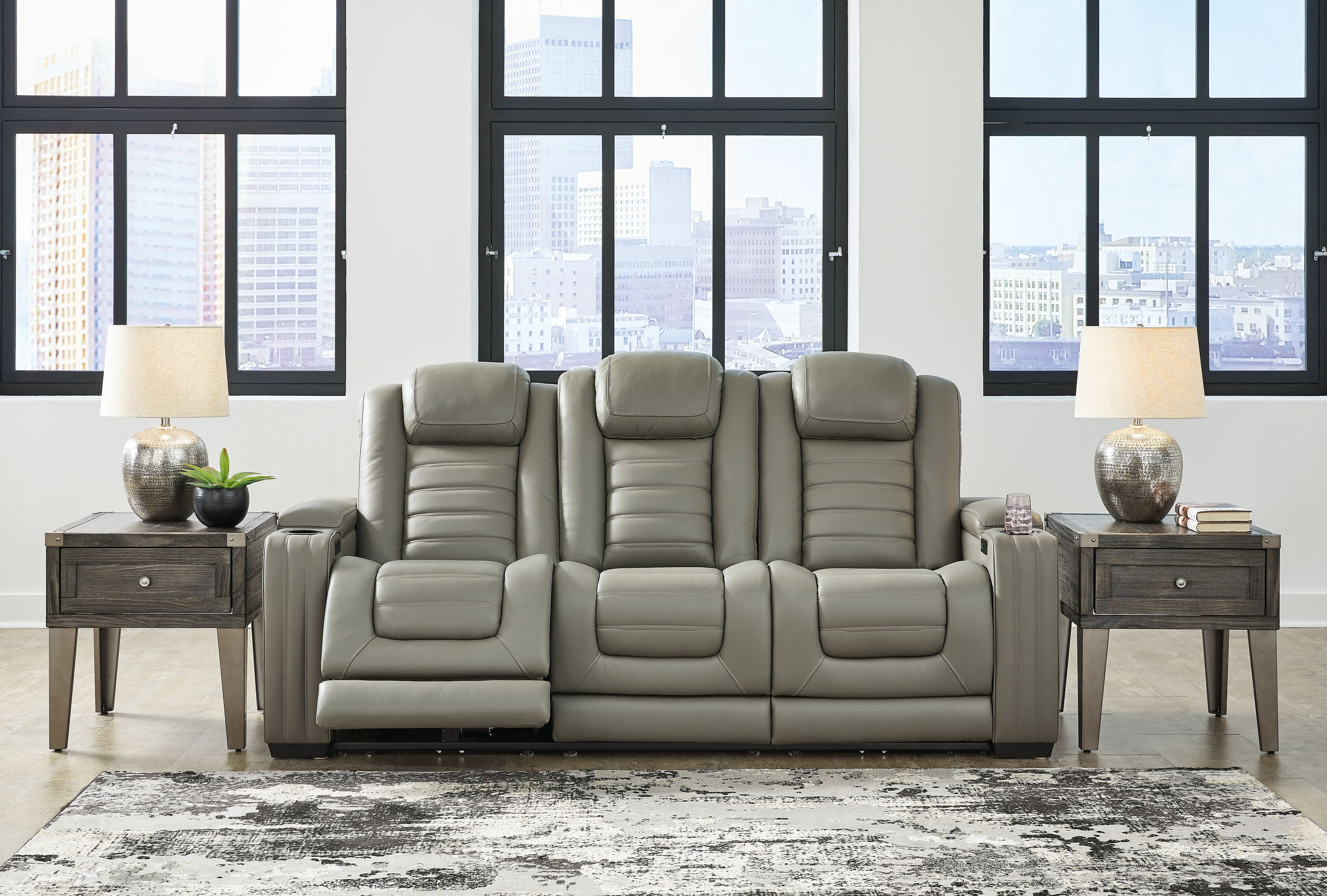 Signature Design by Ashley® Backtrack - Gray - Pwr Rec Sofa With Adj Headrest | Meri Furniture